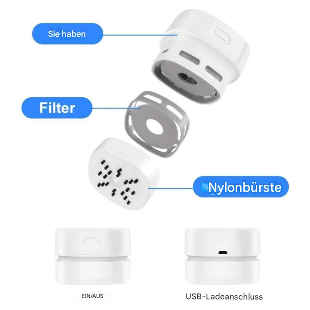 Weiße zerlegte Mini-Staubsaugerteile. Beschrifteter Filter, Nylonbürste und Gehäuse.