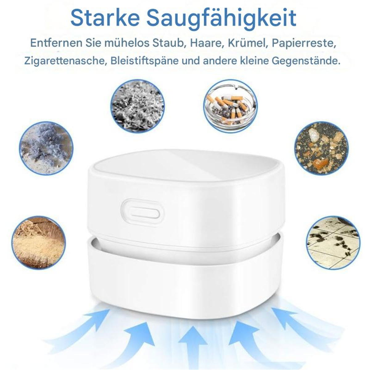 Weißer Staubsauger, umgeben von kleinen Objekten wie Staub, Haaren und Zigarettenasche, mit blauen Pfeilen.