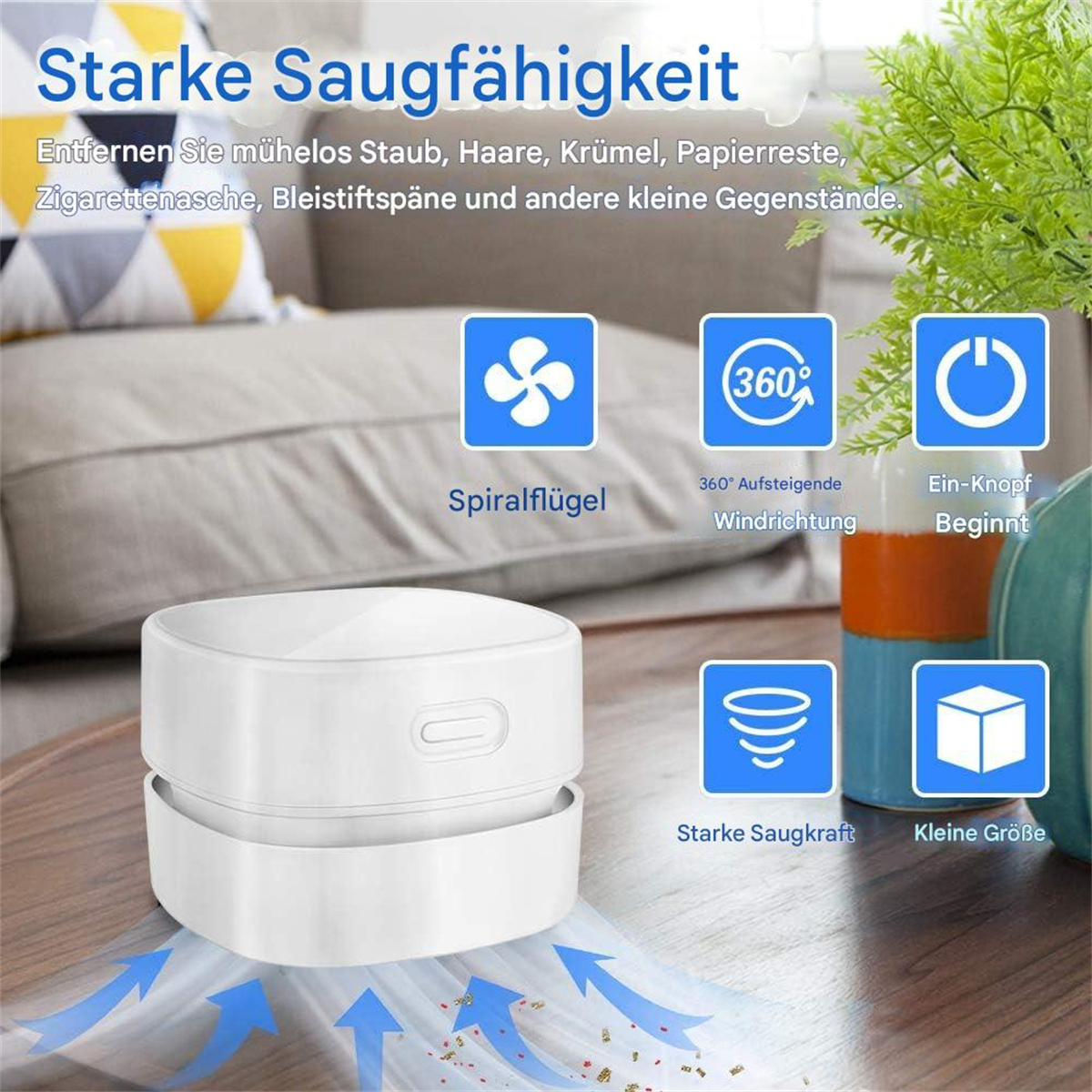 Ein kleiner weiß-silberner Staubsauger. Blaue Pfeile zeigen den Luftstrom. Funktionen sind beschriftet.