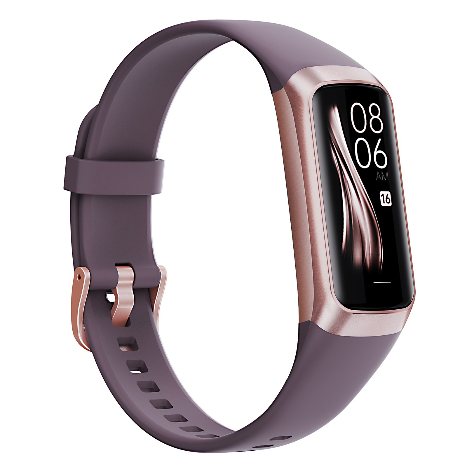 Fioletowy smartwatch z różowo-złotą ramką i paskiem. Ekran wyświetla godzinę i datę.