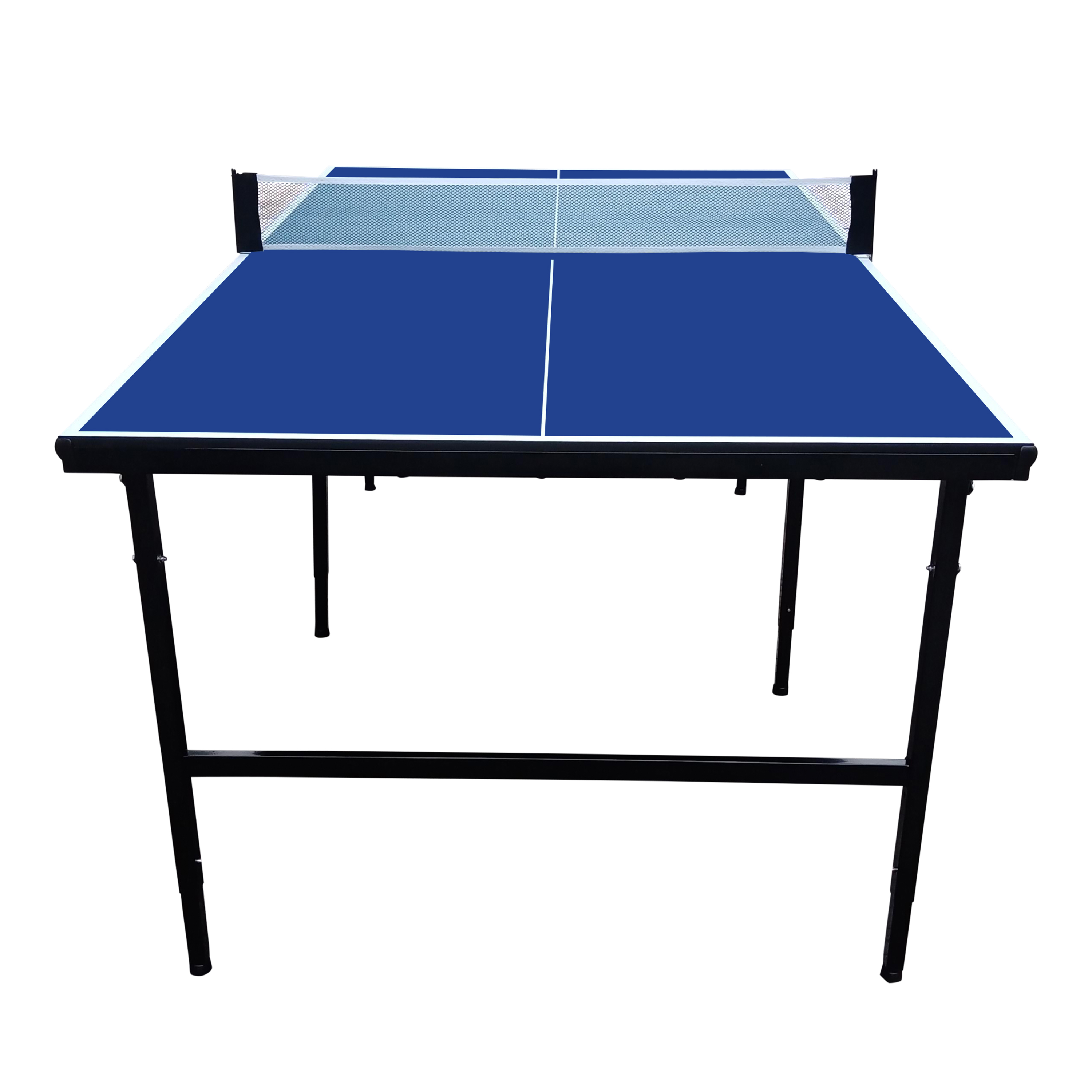 Blauer Tischtennistisch mit Netz, schwarzen Beinen und weißen Linien, isoliert auf Weiß.