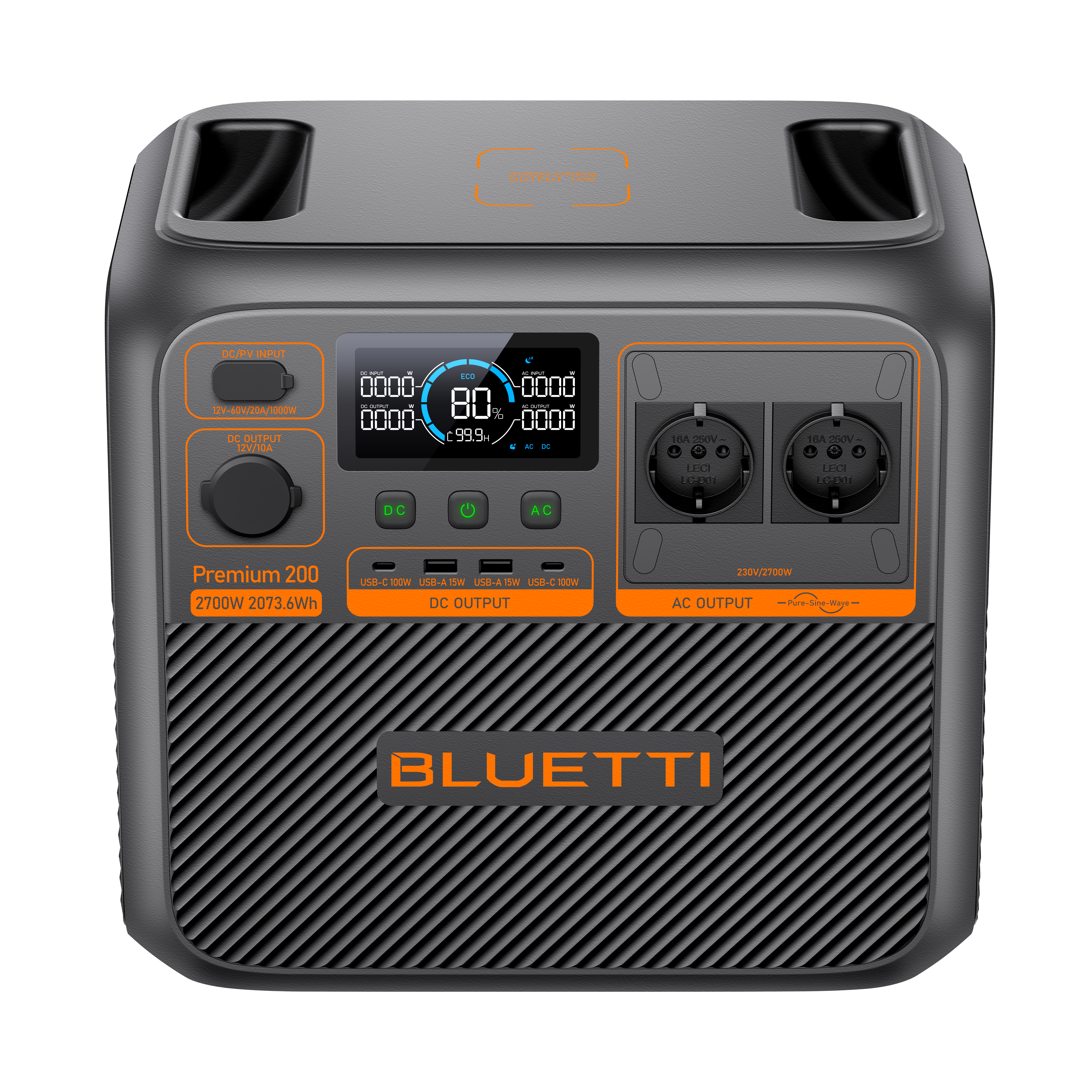 Czarno-pomarańczowa stacja zasilania. Posiada wyświetlacz pokazujący baterię i moc wyjściową.