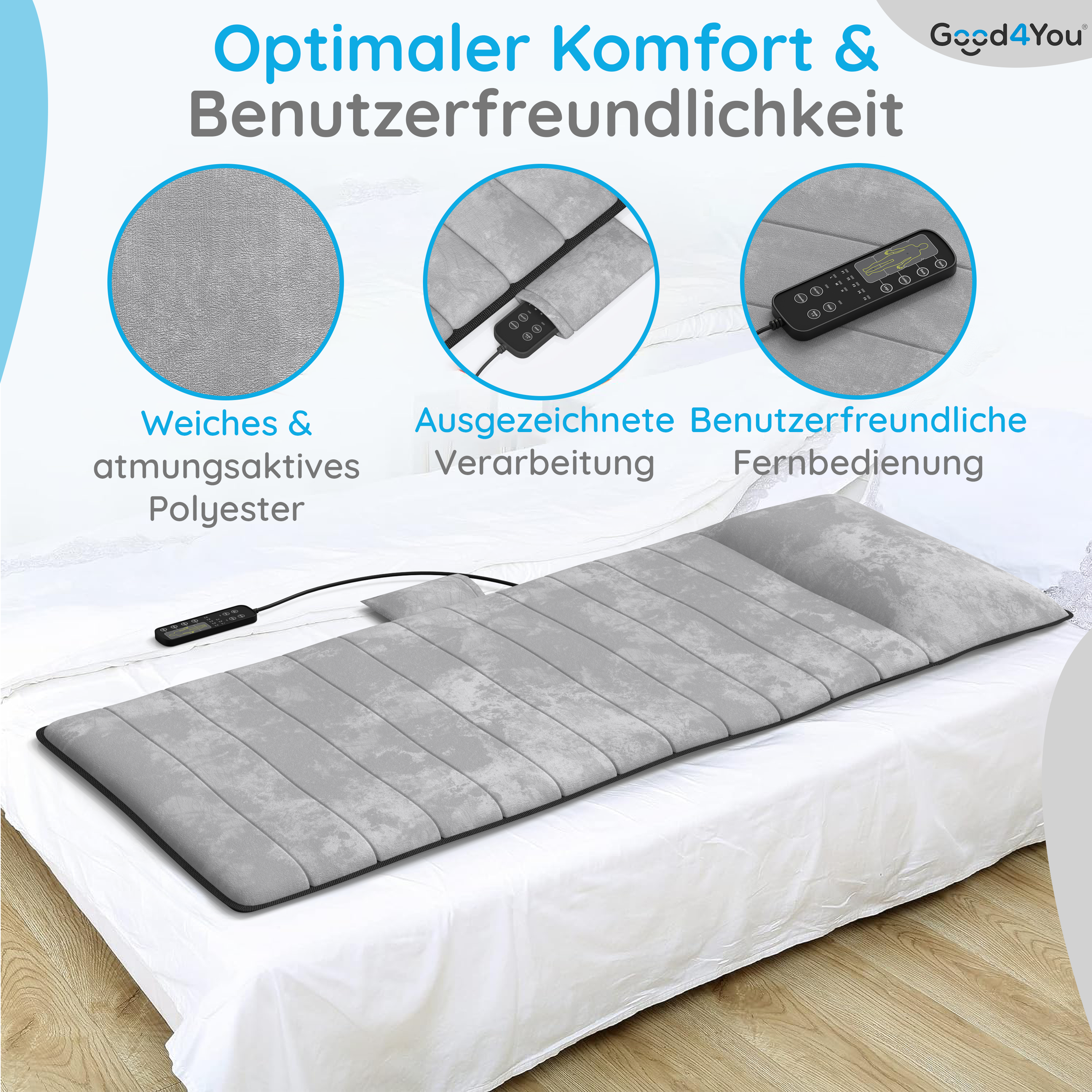 Eine graue Massagematte auf einem Bett, mit Diagrammen, die Funktionen hervorheben, und einer Fernbedienung.