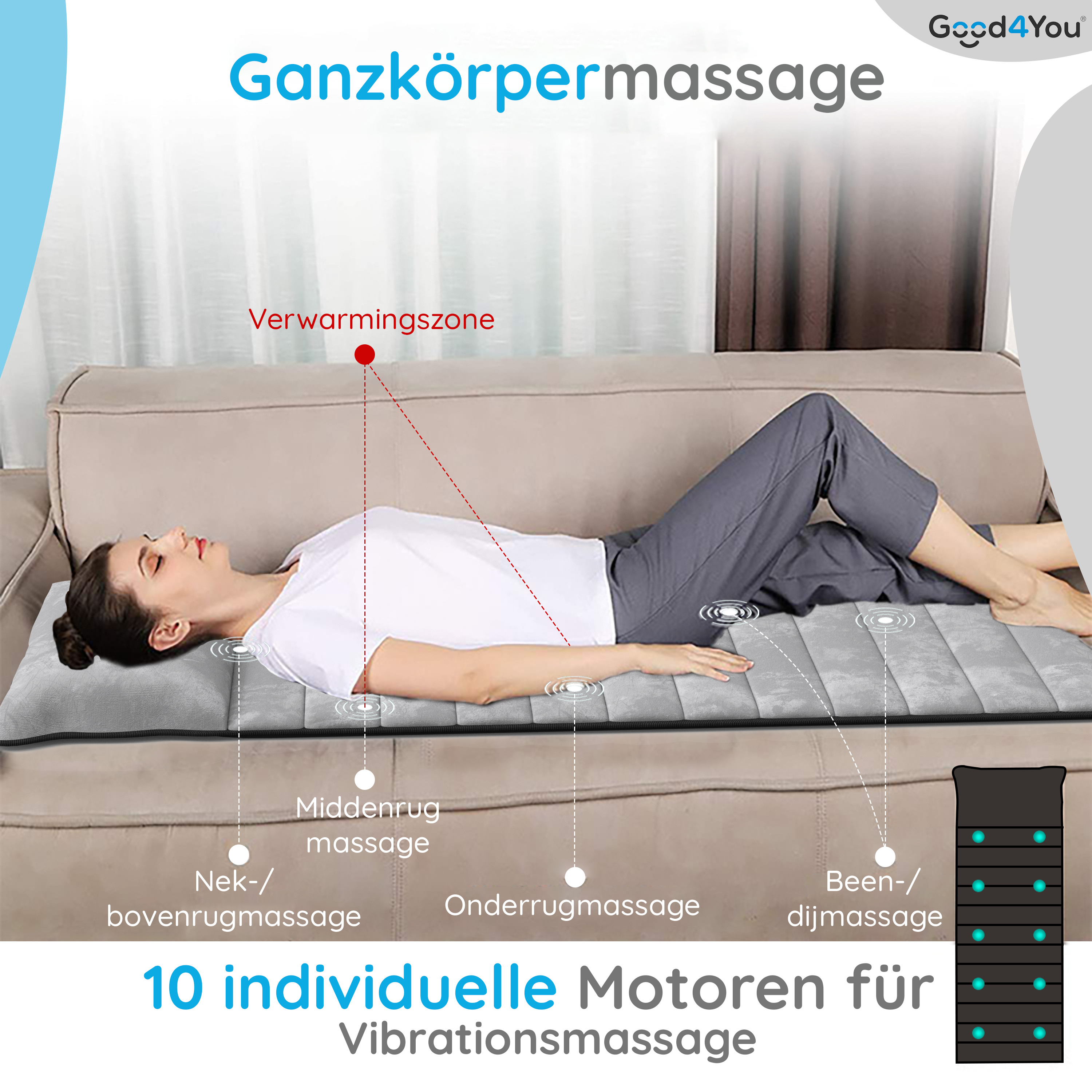 Frau liegt auf Massagematte. Die Matte hat Abschnitte für Nacken, Rücken und Beine. Fernbedienung rechts.