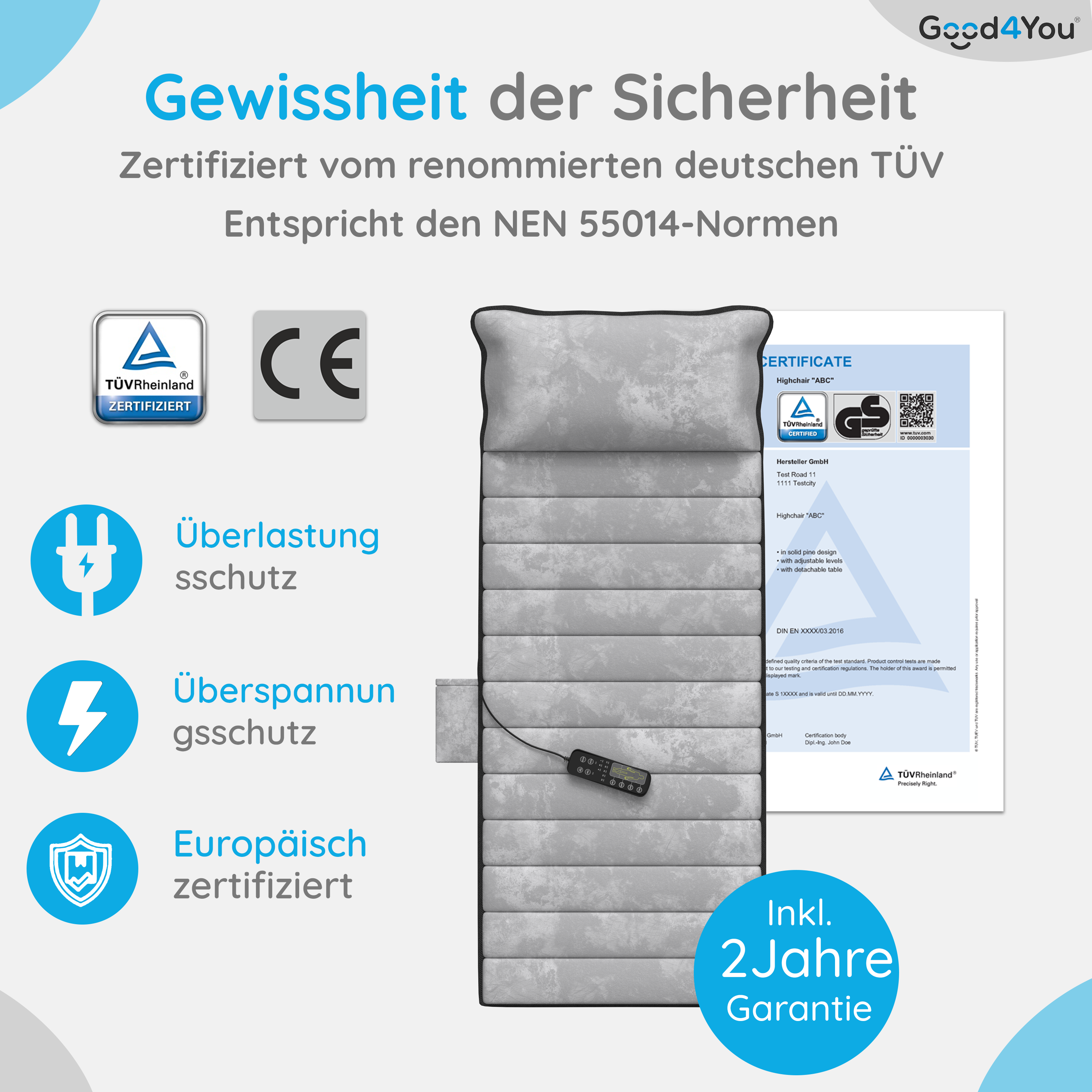 Graue Massagematte mit Zertifikaten und Text über Sicherheit.