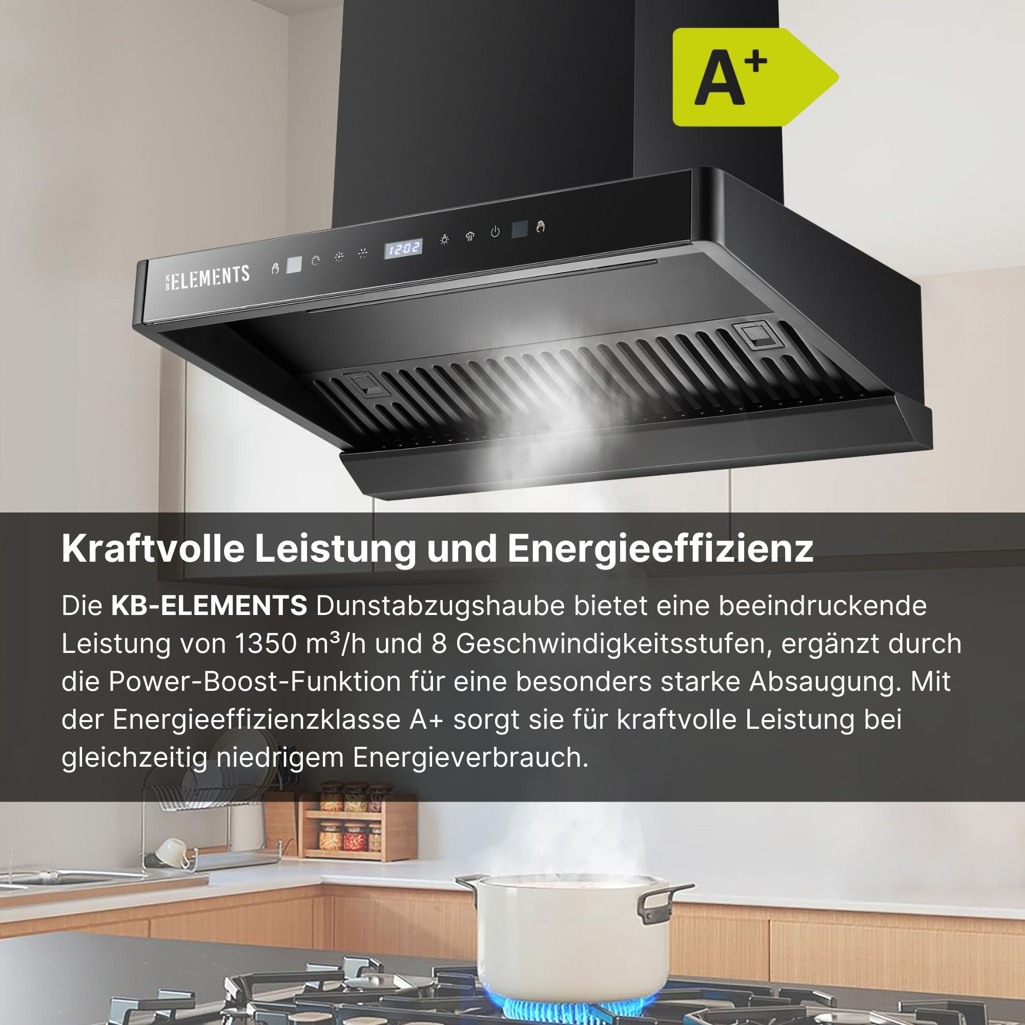 Schwarze Dunstabzugshaube über einem Herd, mit Text über Energieeffizienz.