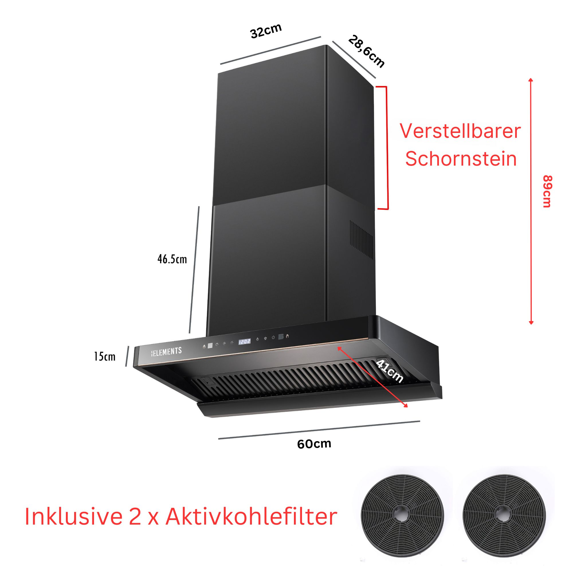 Schwarze Dunstabzugshaube mit Maßen und zwei Aktivkohlefiltern.