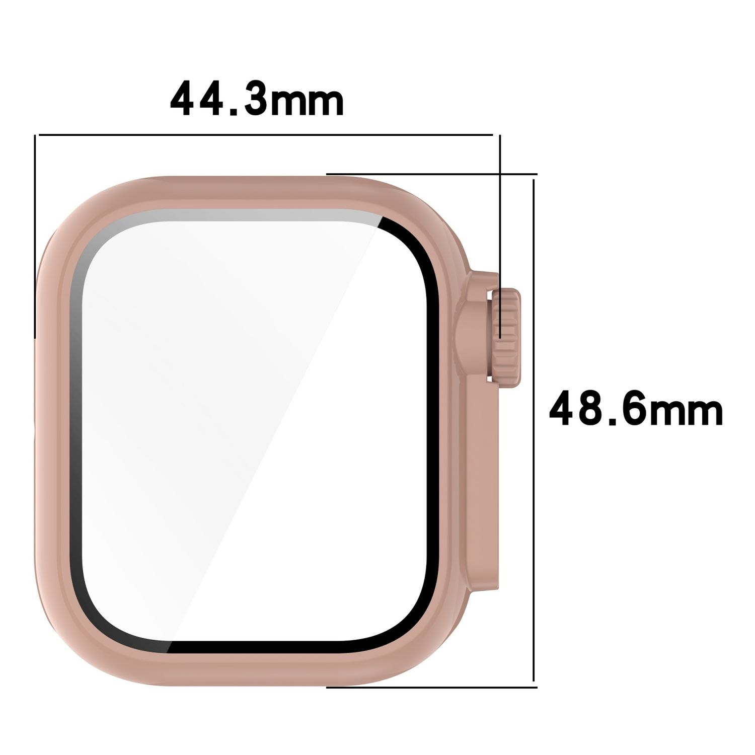 Roségoldene Smartwatch-Hülle mit einem Bildschirm, der die Abmessungen 44,3 mm x 48,6 mm anzeigt.