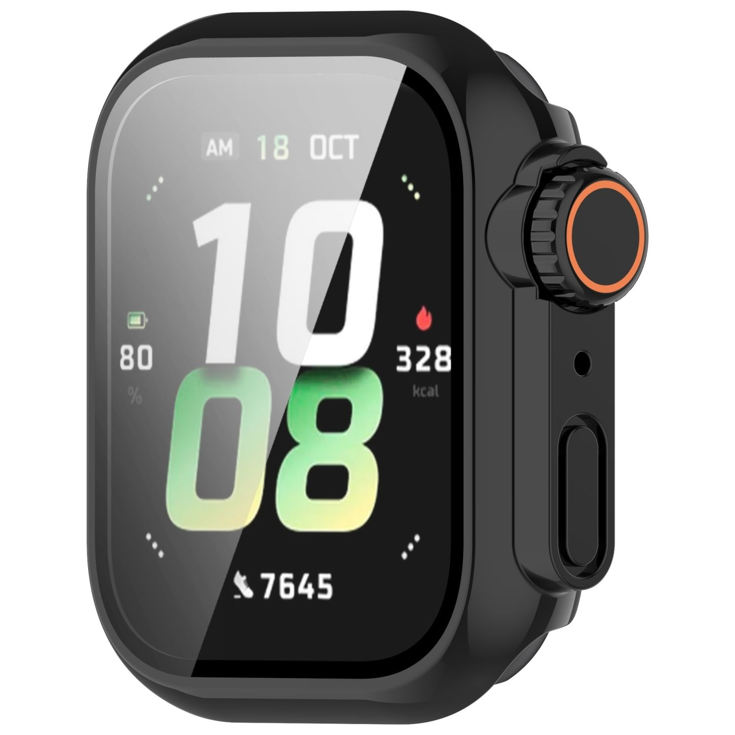 Smartwatch nero con cassa nera e display digitale. Visualizzazione di ora, data e parametri sanitari.