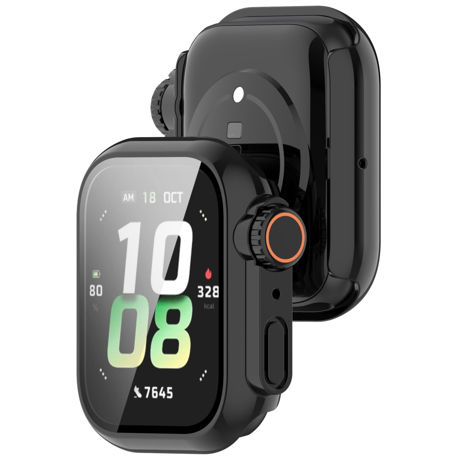 Smartwatch nero con display digitale. L'orologio mostra l'ora e le metriche di salute.