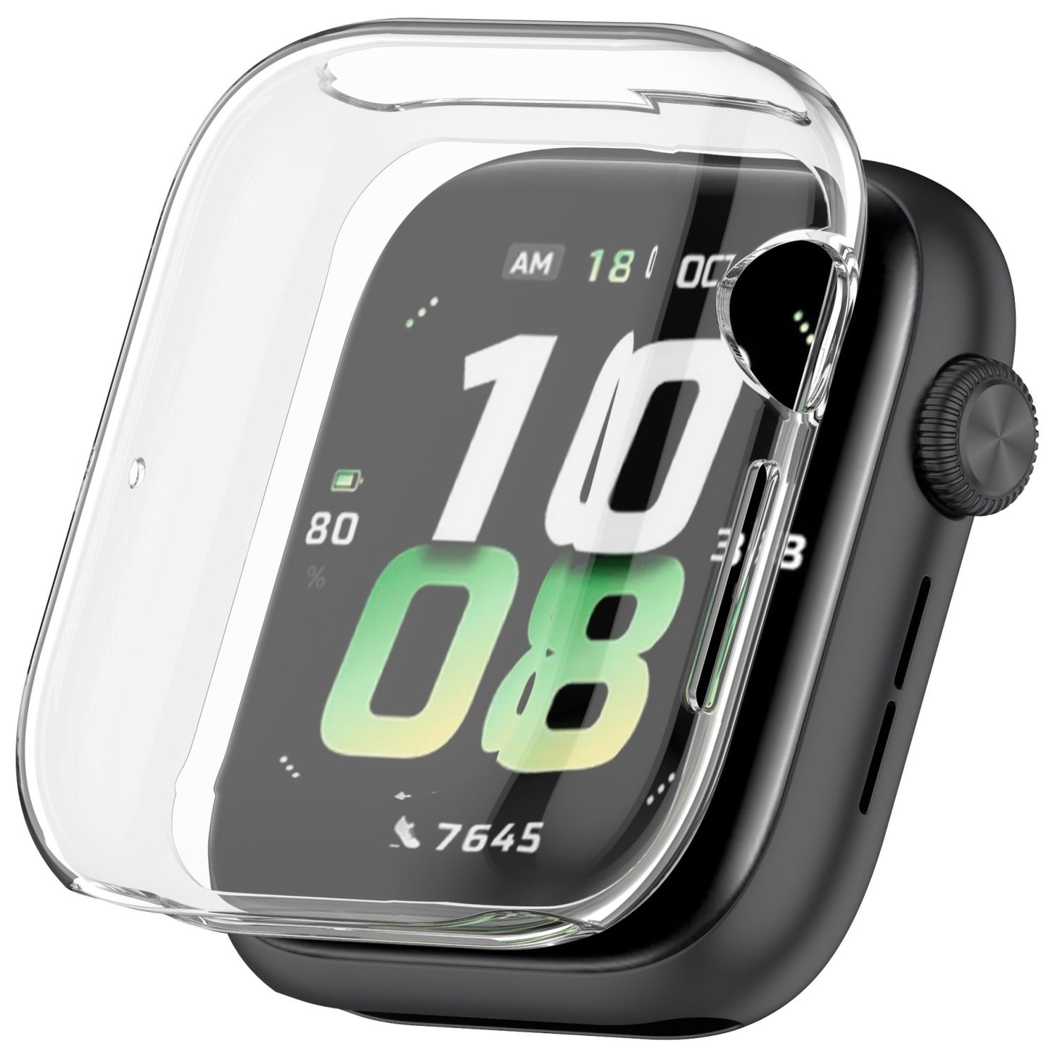 Uno smartwatch nero con una protezione schermo trasparente, che mostra l'ora e la batteria.