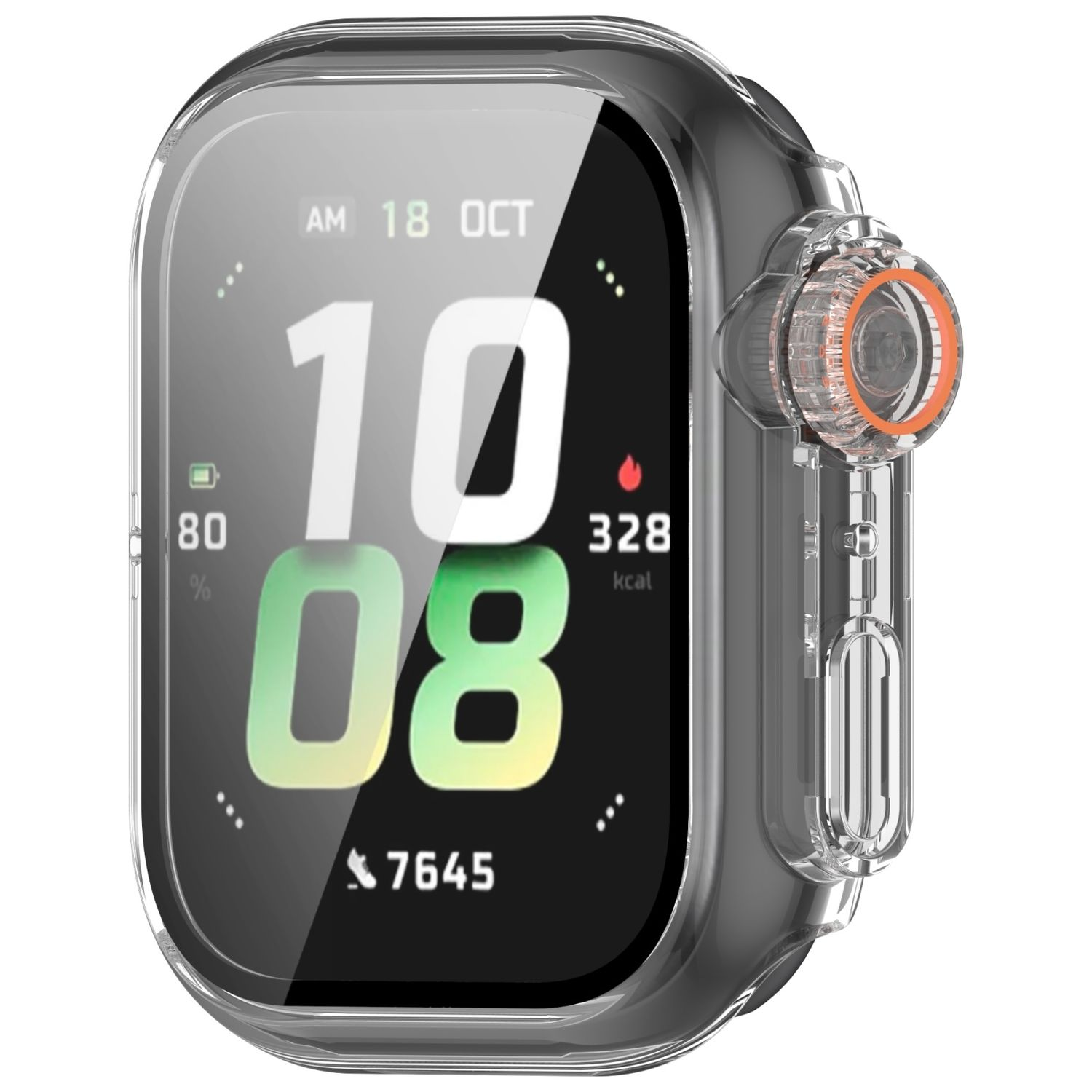 Eine Smartwatch mit transparentem Gehäuse, die Zeit und Gesundheitsmetriken anzeigt.