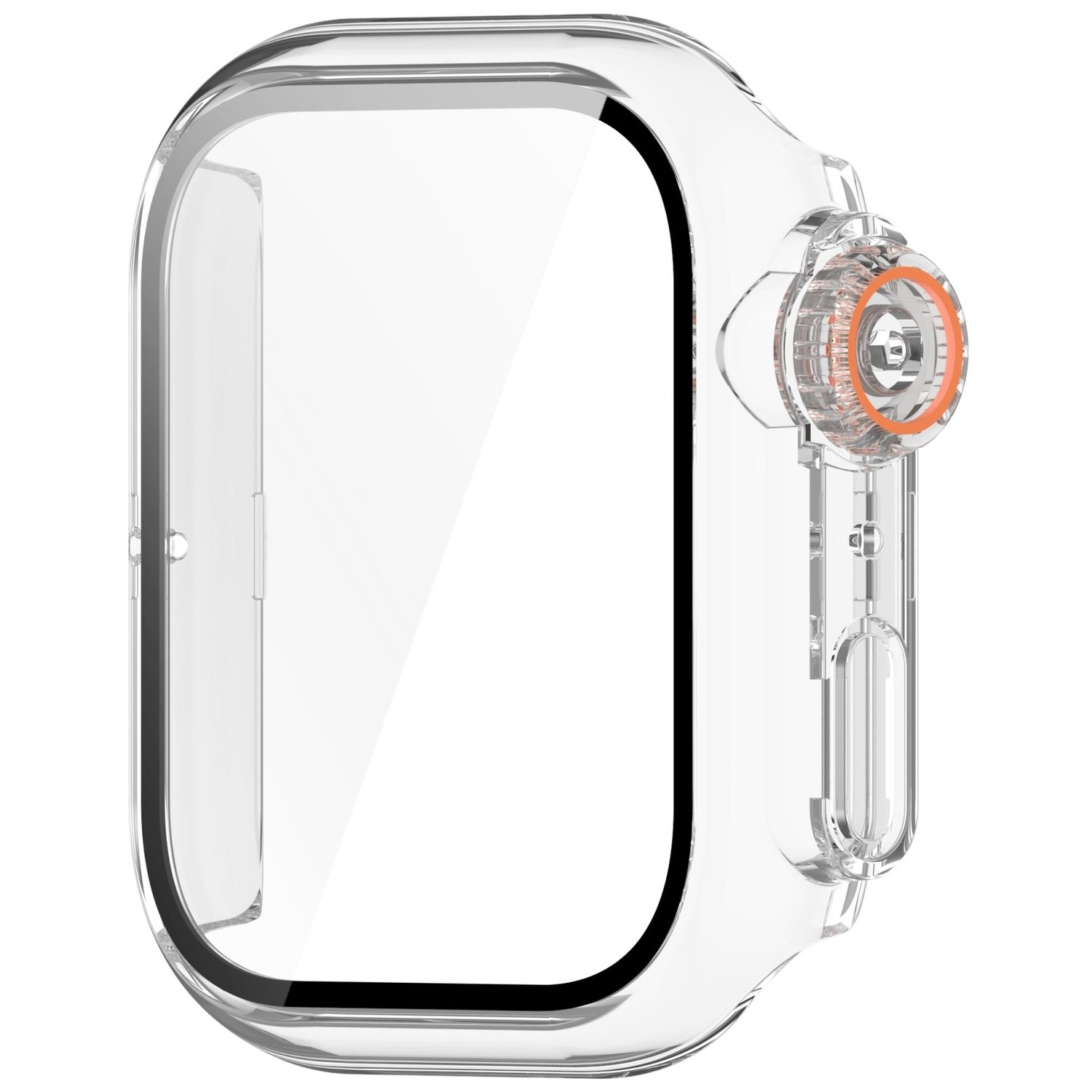 Transparente Apple Watch-Hülle mit orangefarbenem Zifferblatt, Seitenansicht.
