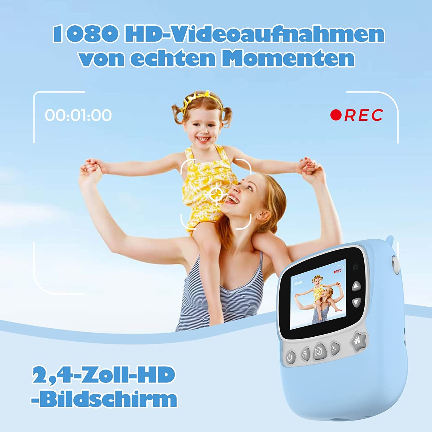 Ein Mädchen auf den Schultern der Mutter, die eine blaue Kamera hält. Text: 1080 HD Video und 2,4-Zoll-Bildschirm.