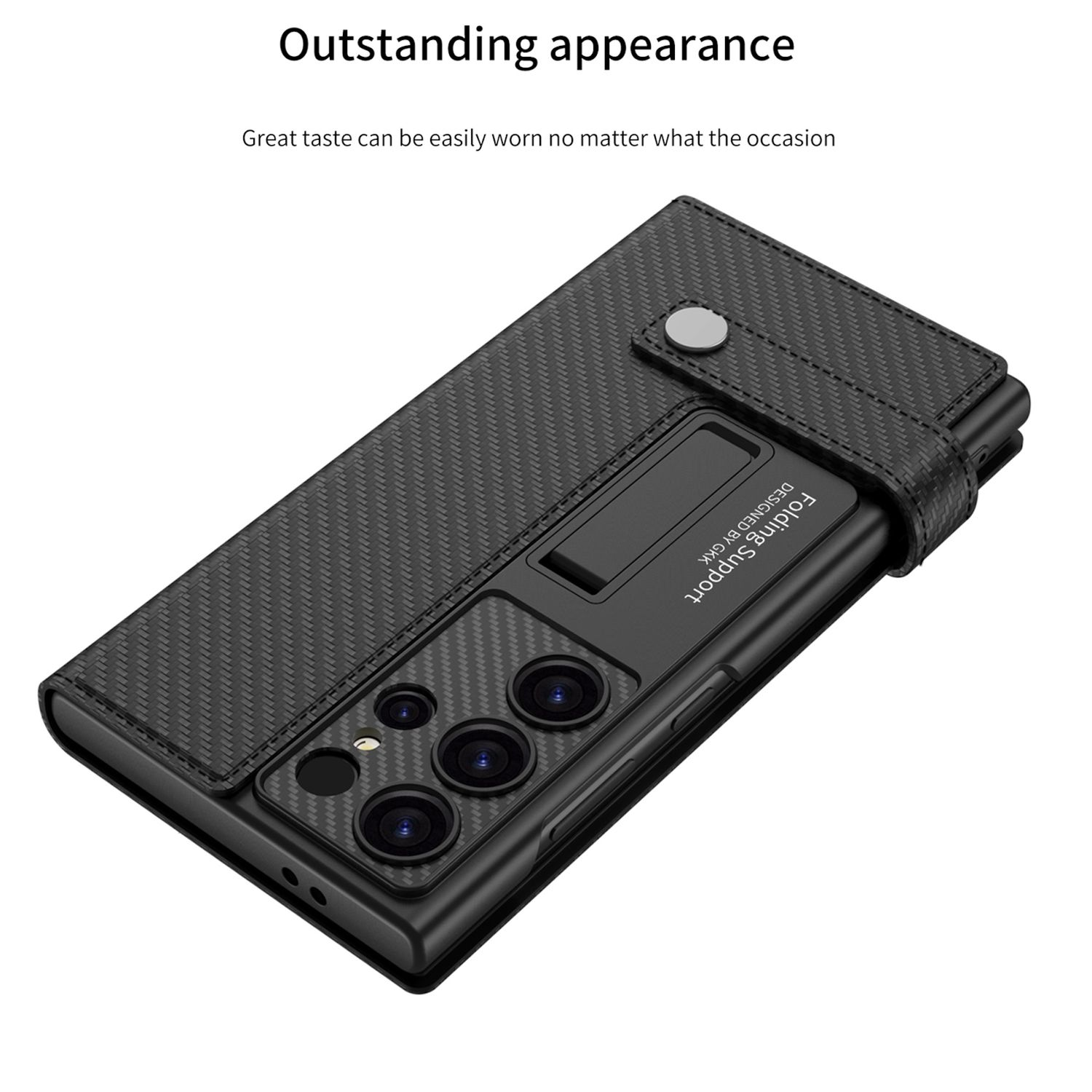 Eine schwarze Handyhülle mit Carbonfaser-Design. Sie hat einen Ständer und Platz für Kameras.