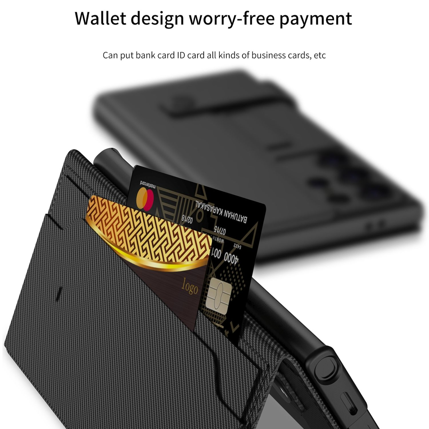 Geldbörsenetui mit eingelegter Karte, die den Kartenhalter und das Telefon zeigt.