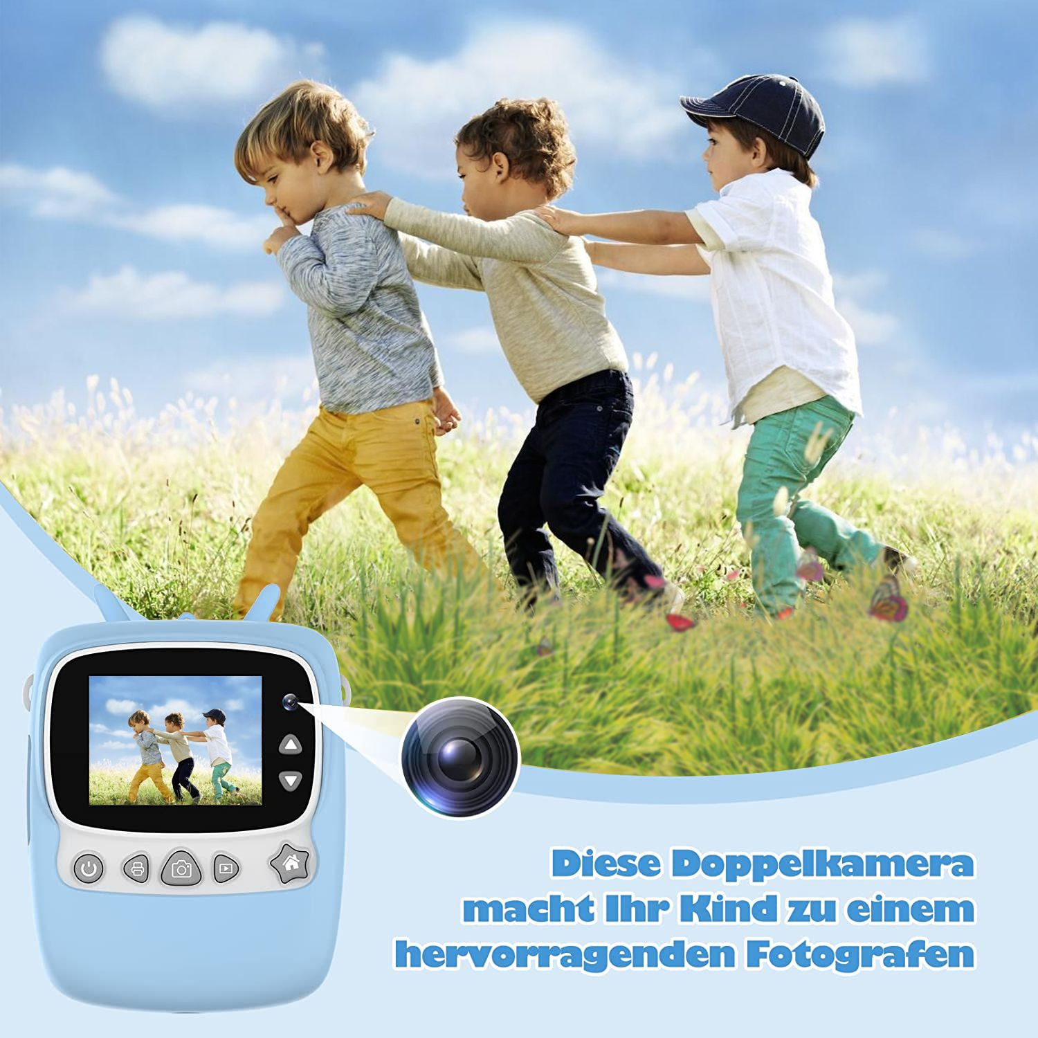 Drei Kinder halten Händchen. Eine blaue Spielzeugkamera ist im Vordergrund. Text sagt Fotokamera.
