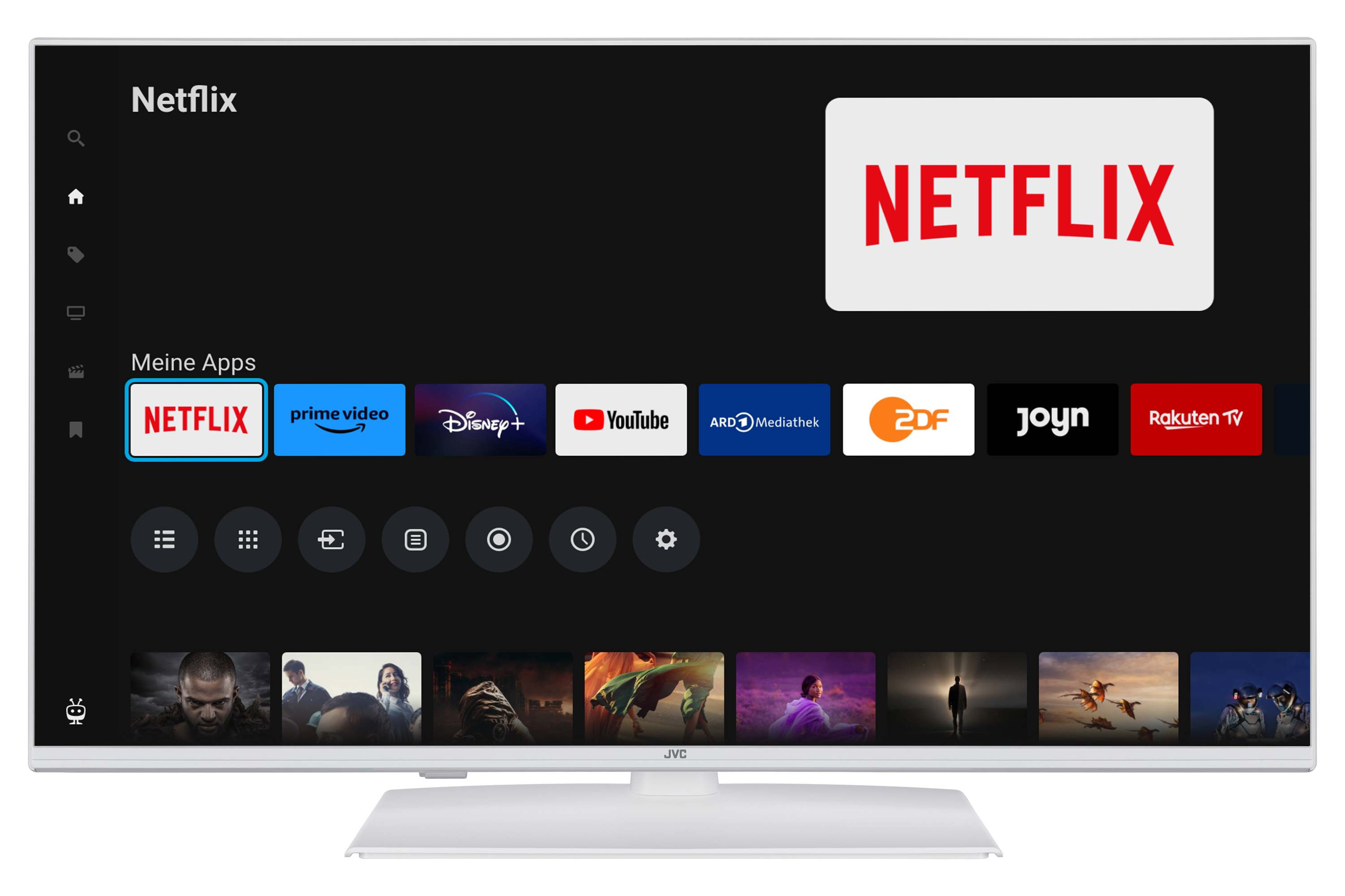 Weißer JVC-Fernseher, der die Netflix-Oberfläche anzeigt. Mehrere App-Symbole und Film-Miniaturansichten sind sichtbar.