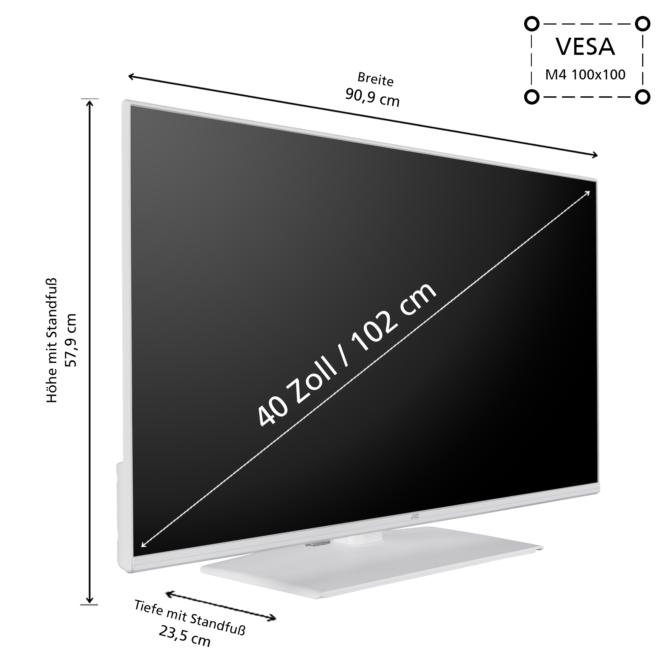 Ein weißer Fernseher mit Maßen und einem VESA-Diagramm auf weißem Hintergrund.