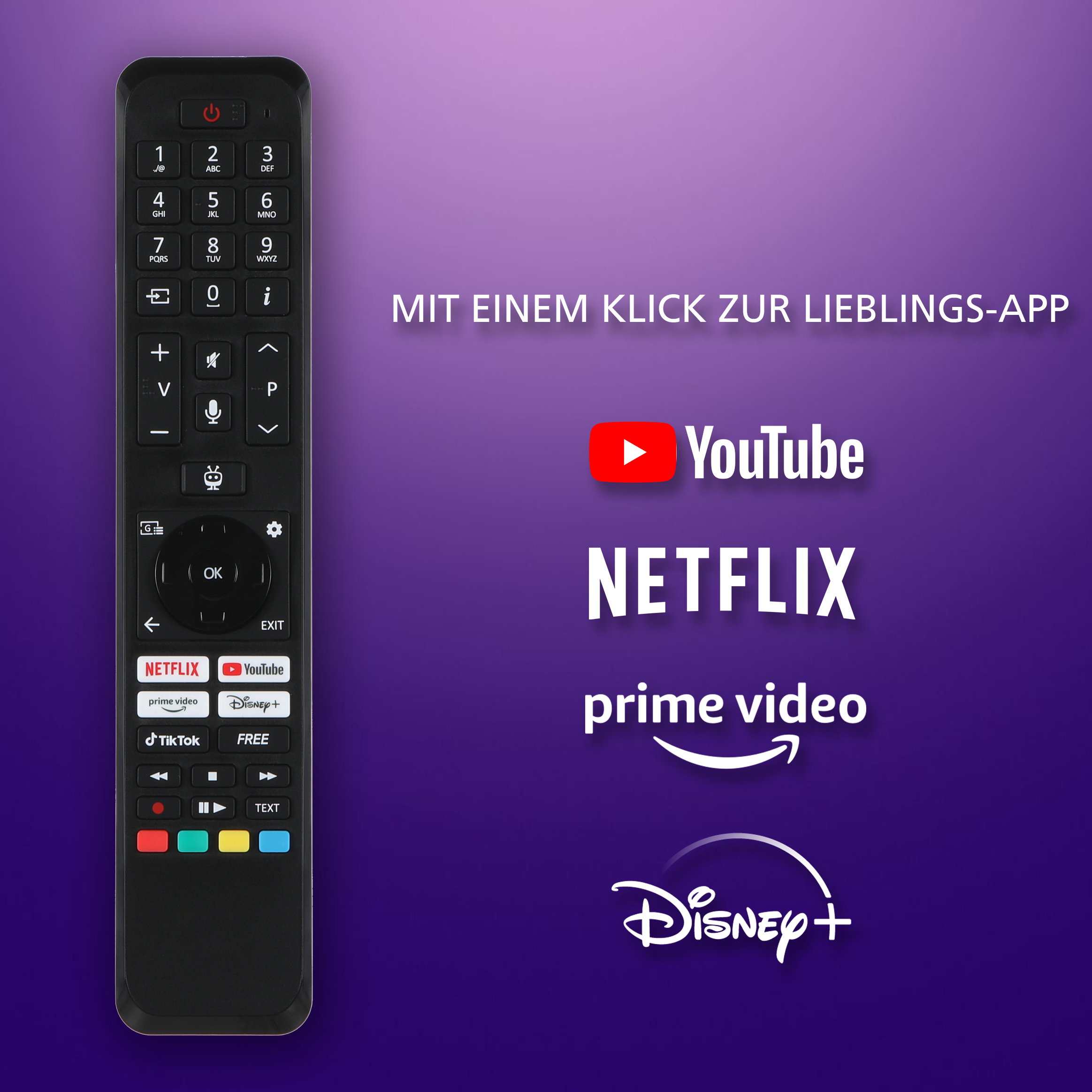 Eine Fernbedienung mit mehreren App-Logos: YouTube, Netflix, Prime Video und Disney+.