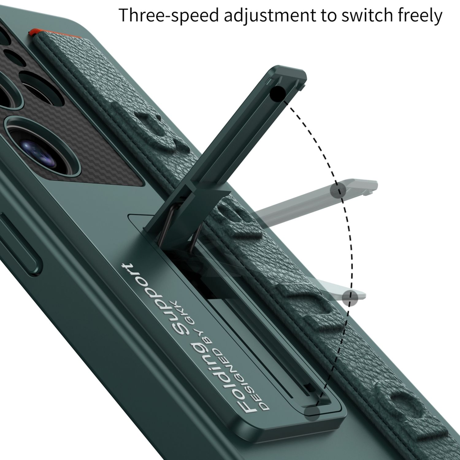 Grüne Handyhülle mit Klappständer. Text: Folding Support. Ständer ist verstellbar.