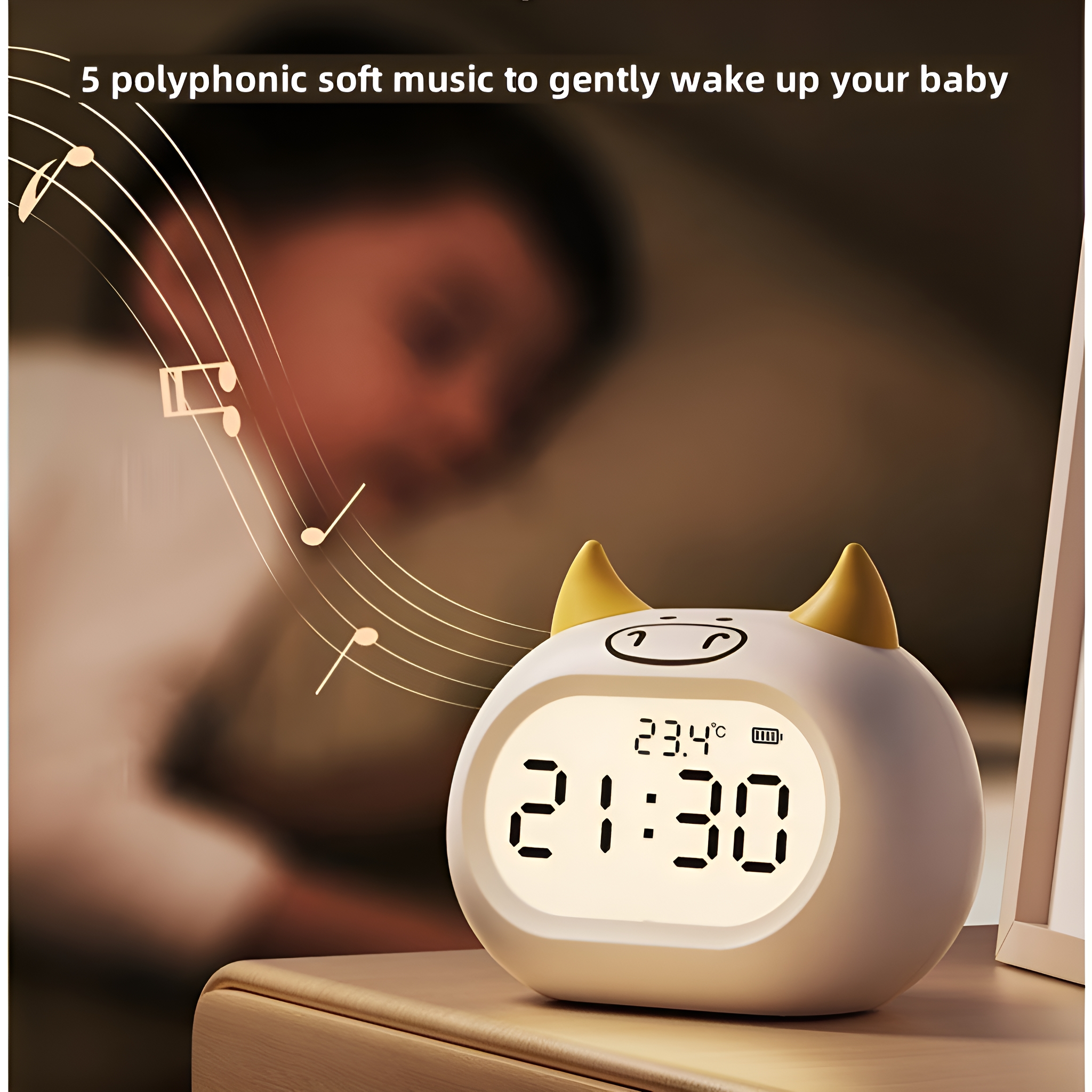 Ein katzenförmiger Wecker mit Digitalanzeige zeigt Zeit und Temperatur. Im Hintergrund ist ein Baby unscharf.