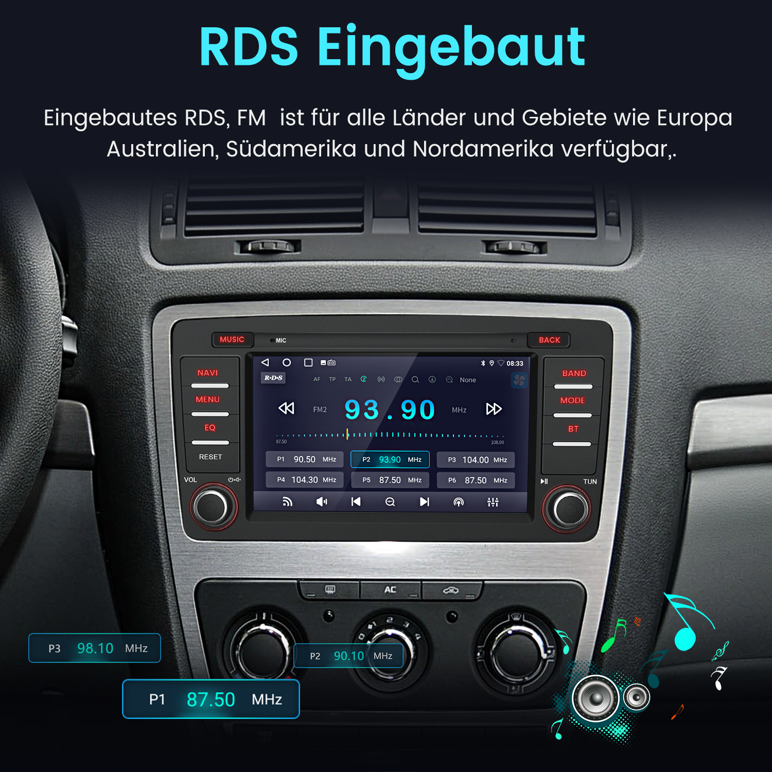 Autoradio. Der Bildschirm zeigt Radiosender, Lautstärke und Uhrzeit an.