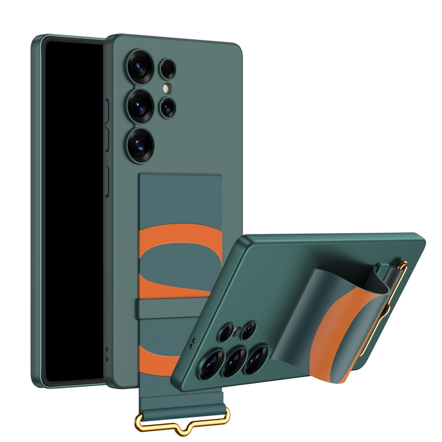 Grünes Smartphone mit Ständer und Hülle. Das Telefon hat mehrere Rückkameras und einen orangefarbenen Ständer.