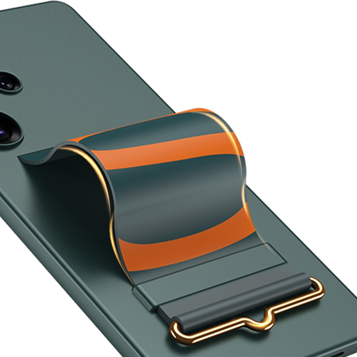 Grünes Telefon mit einem angebrachten gebogenen Ständer in Orange und Schwarz, goldfarbene Akzente.