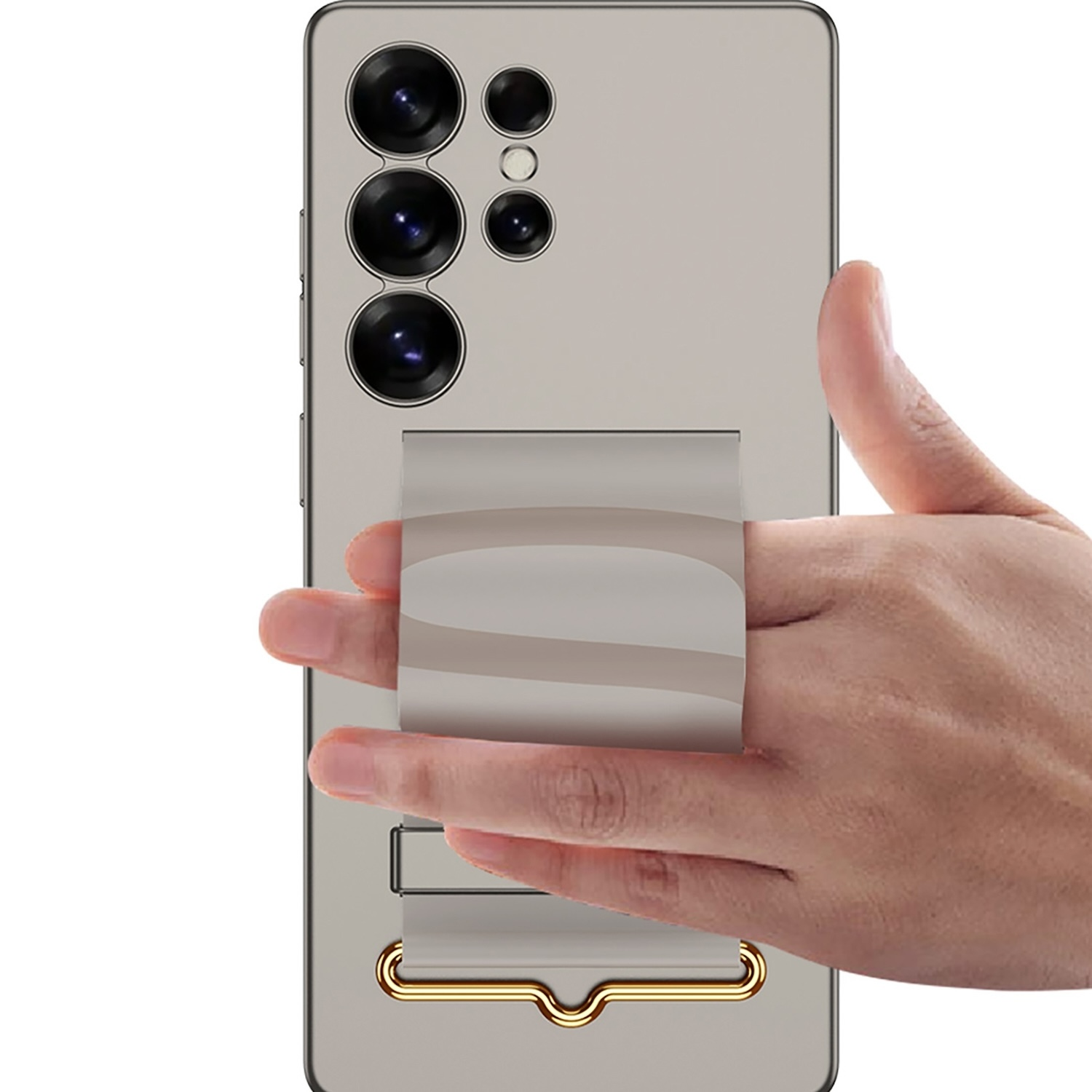 Eine Hand hält ein Telefon mit einem Griffständer. Die Rückseite des Telefons ist grau, mit mehreren Kameras.
