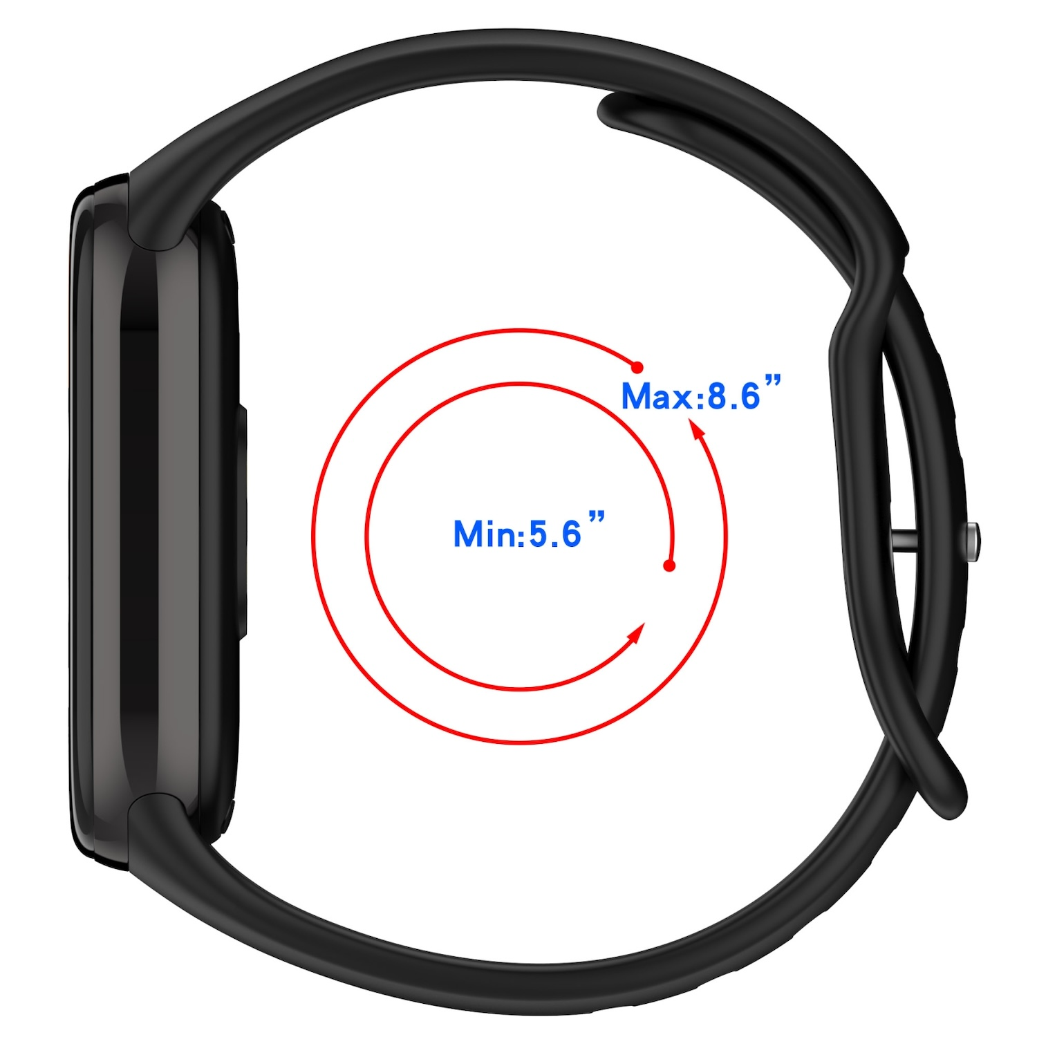 Schwarze Smartwatch mit schwarzem Armband. Roter Kreis mit Min- und Max-Abmessungen.