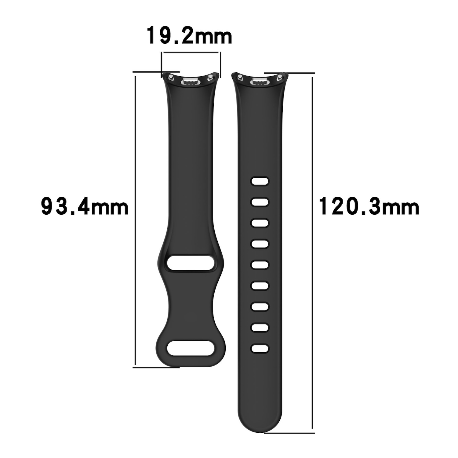 Zwei schwarze Armbänder mit Maßen: 19,2 mm und 93,4 mm/120,3 mm.