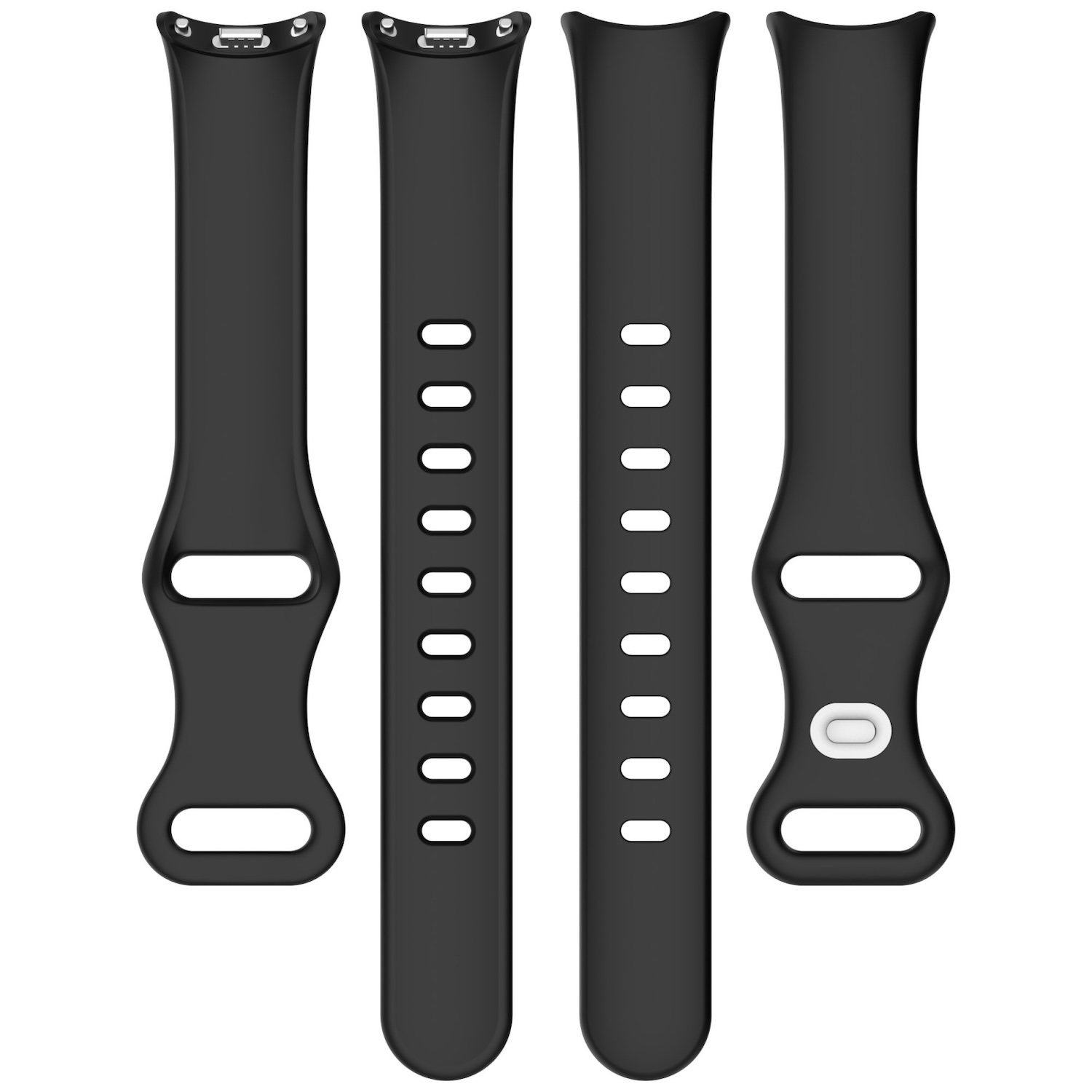 Vier schwarze Silikon-Uhrenarmbänder, zwei mit Löchern.