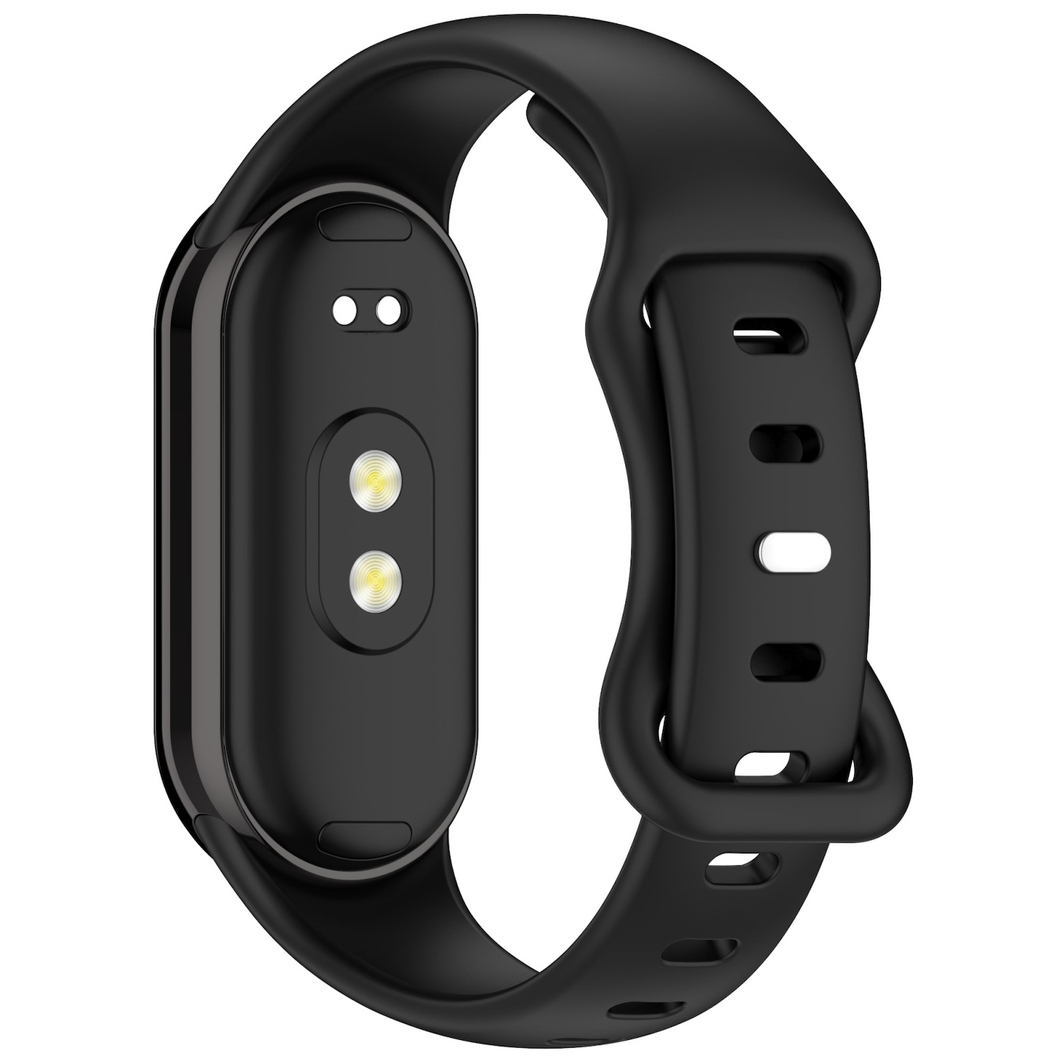 Schwarzes Fitness-Tracker-Armband mit Schnalle und zwei Anschlüssen. Das Armband hat einen schwarzen Körper und eine schwarze Schnalle.