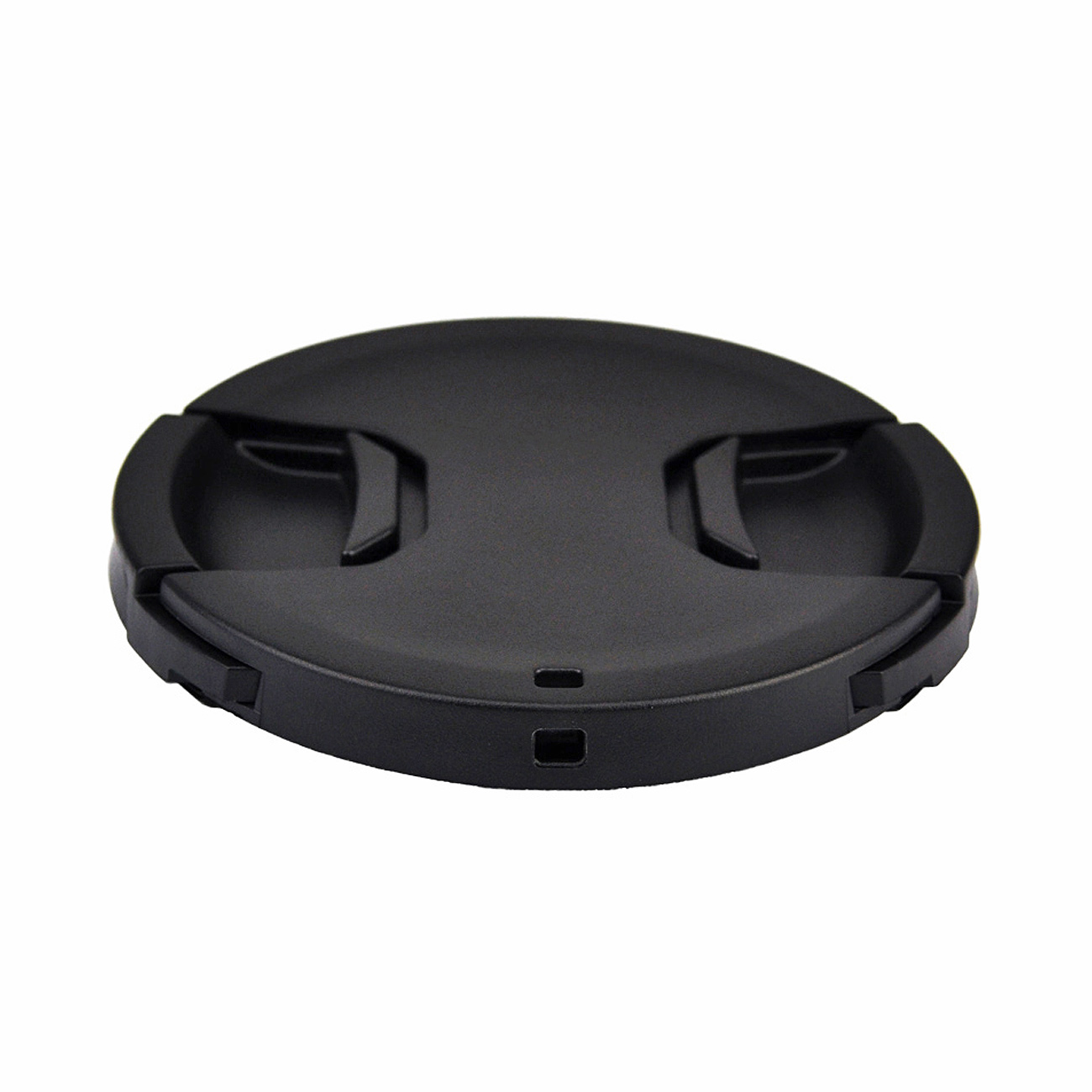 Schwarze Objektivkappe, kreisförmig mit zwei Laschen und einem kleinen Quadrat.