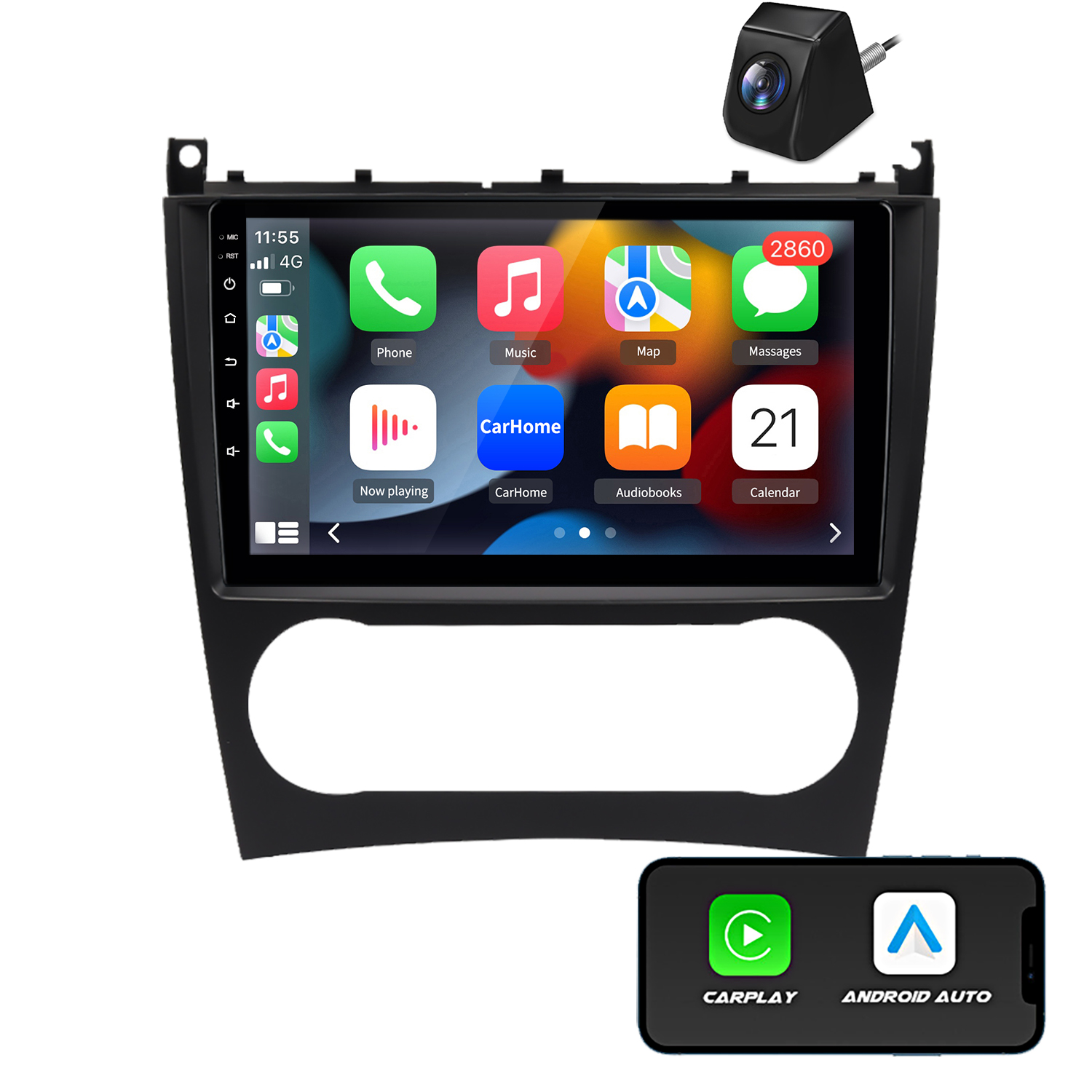 Ekran radia samochodowego z ikonami CarPlay i Android Auto. Kamera cofania znajduje się na górze ekranu.
