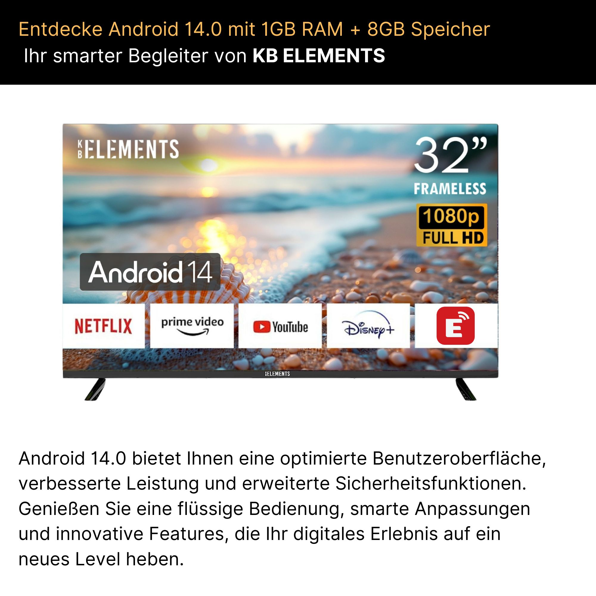 32-Zoll-Android-Fernseher ohne Rahmen mit Text.