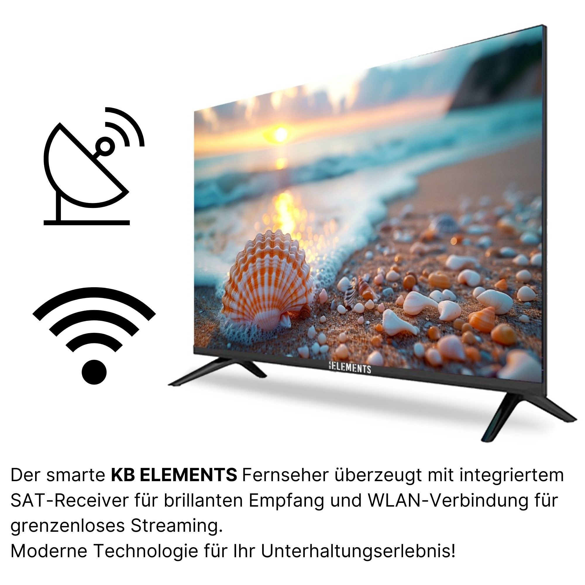 TV-Bildschirm mit Strand. Satellitenschüssel und WLAN-Symbol links. Text auf Deutsch unten.