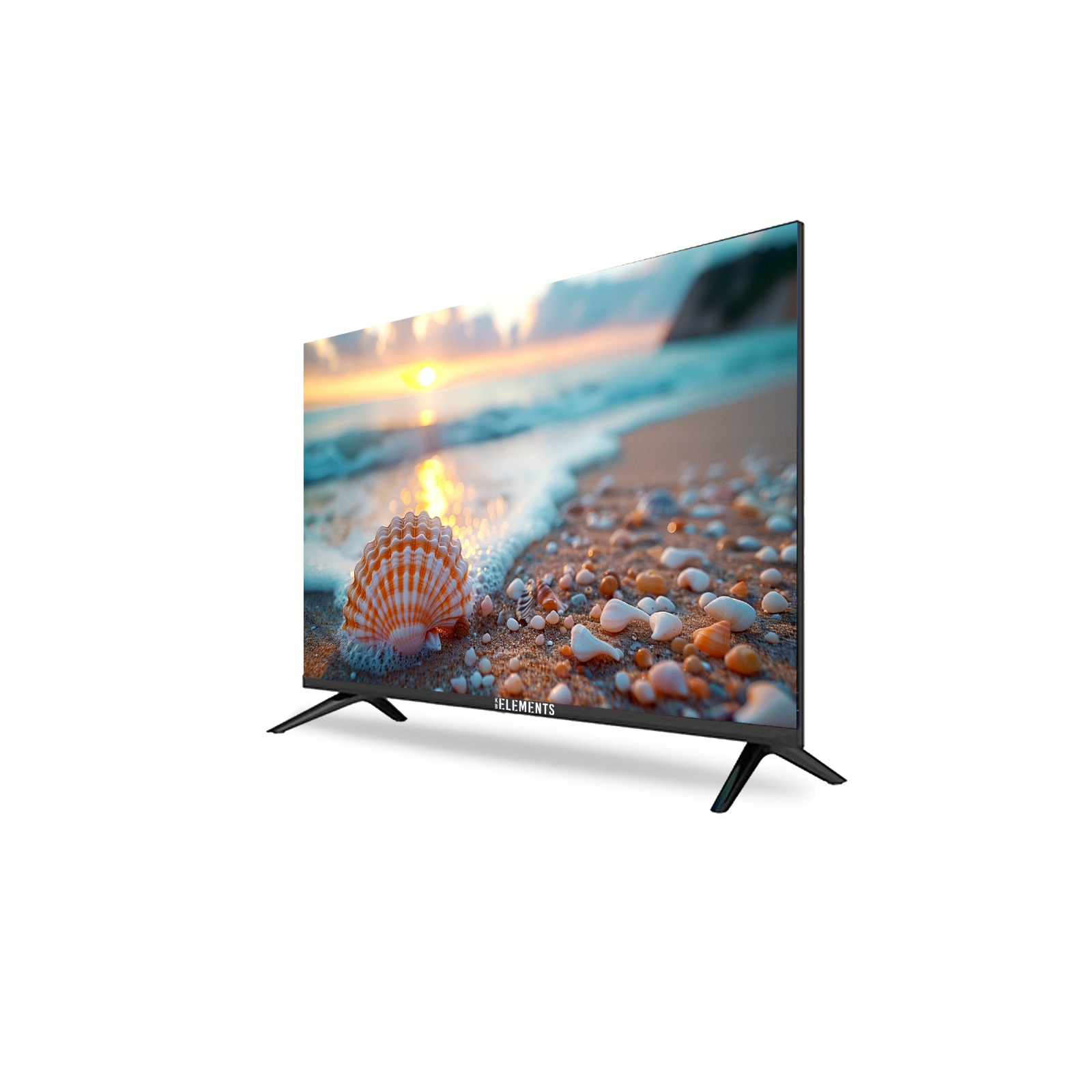 Ein Breitbildfernseher zeigt eine Strandszene mit Sonnenuntergang. Der Fernseher steht auf einer weißen Oberfläche mit schwarzen Beinen.