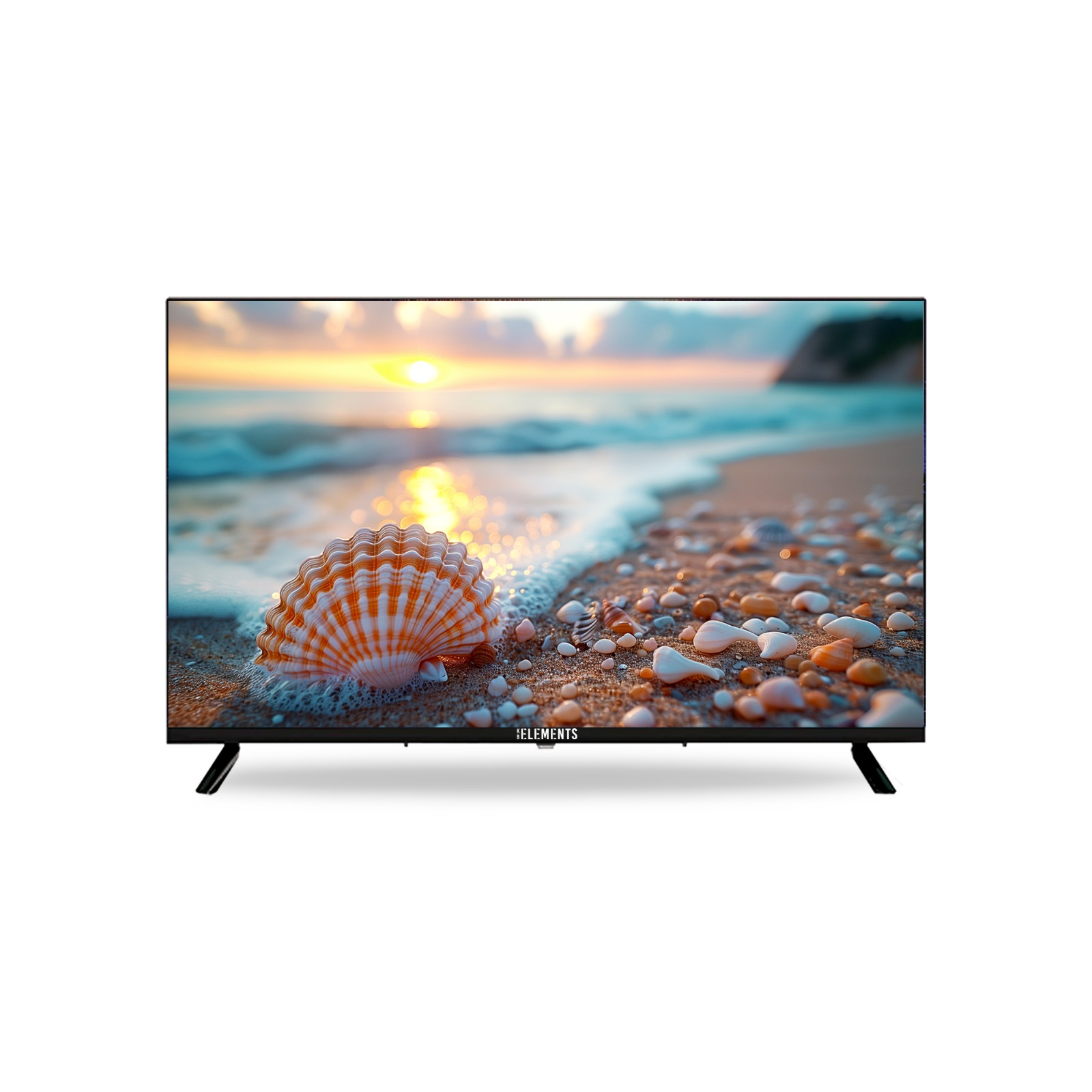 Ein Fernsehbildschirm zeigt eine Strandszene mit einer Muschel im Vordergrund.