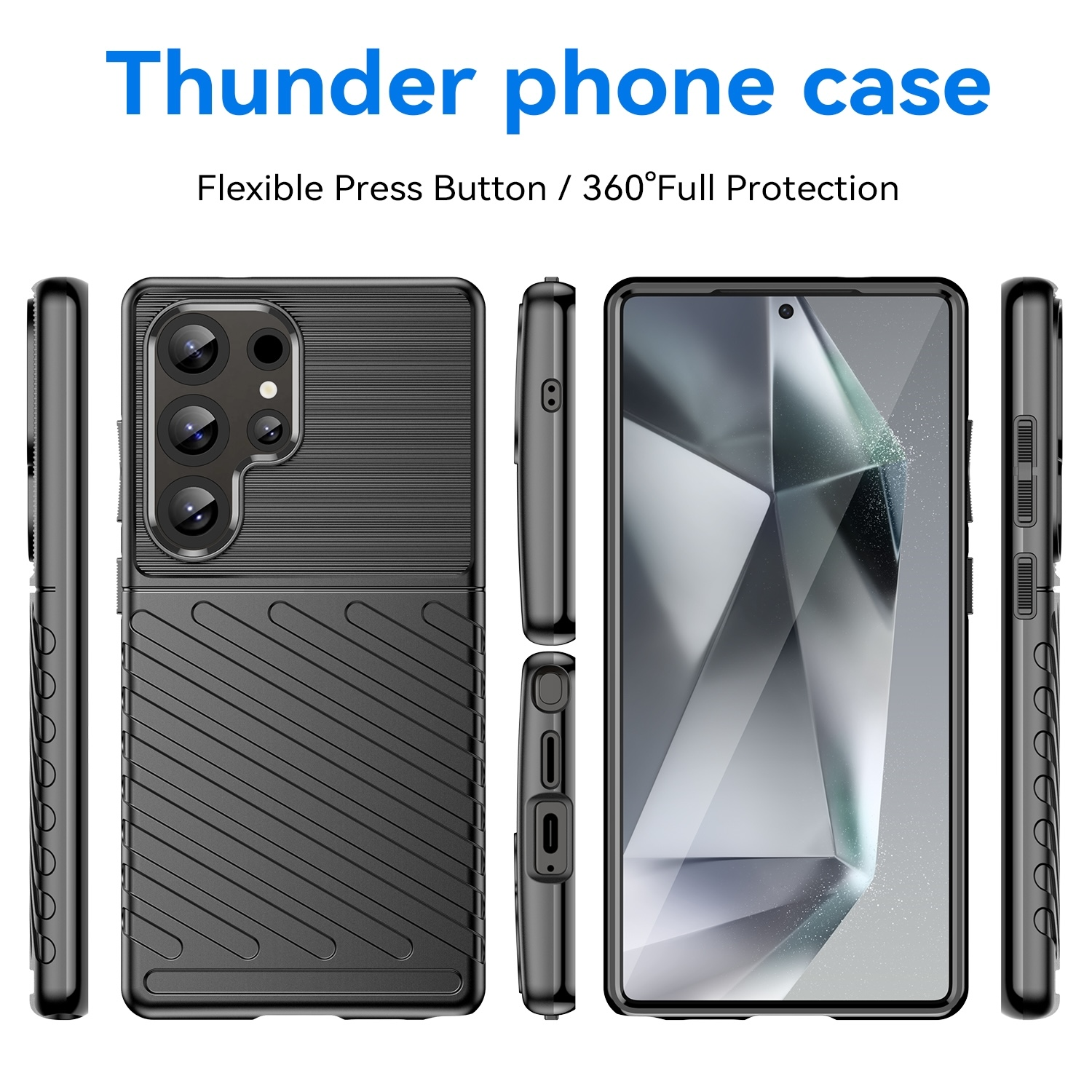 Funda de teléfono negra. La funda tiene múltiples vistas que muestran la parte delantera, los lados y la parte trasera.