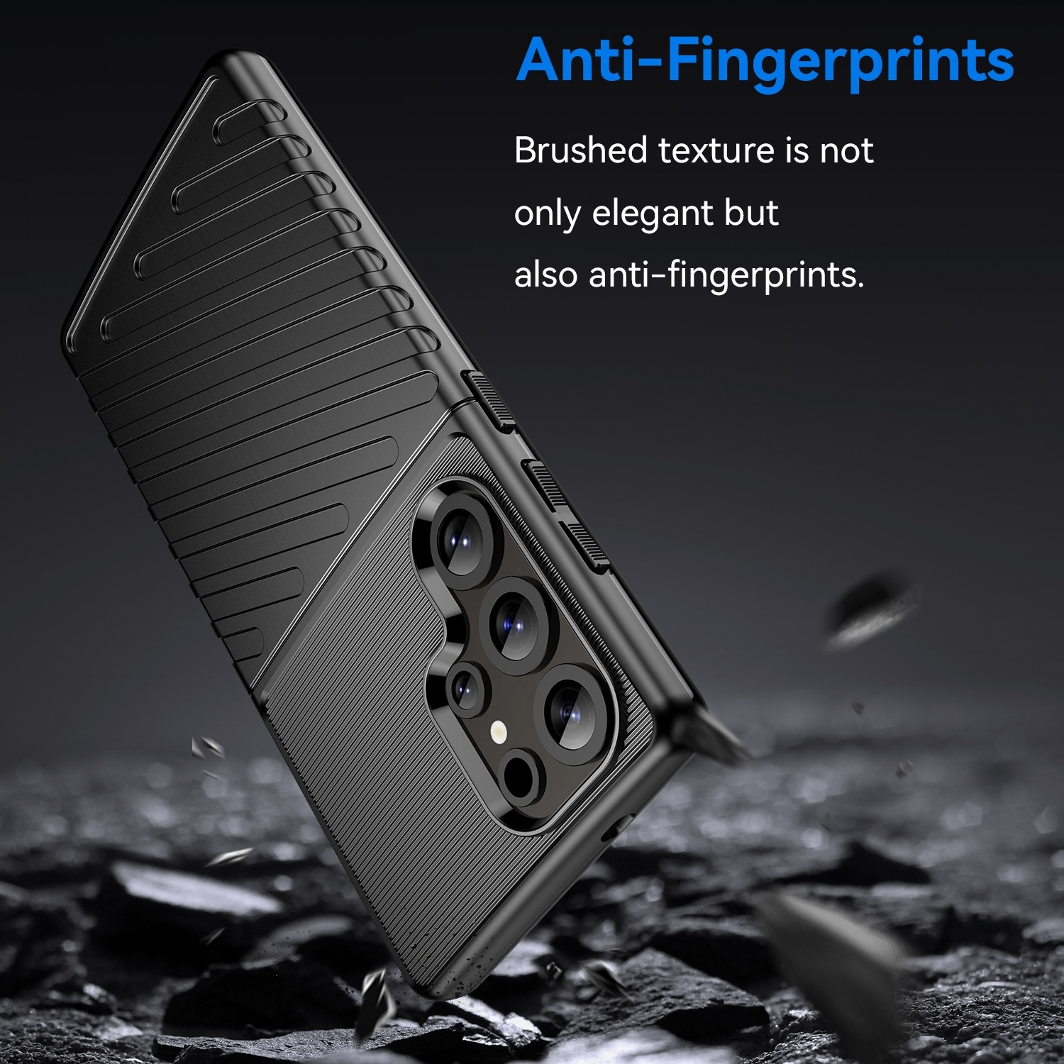 Funda de teléfono negra con superficie texturizada, texto anti-huellas y un teléfono.