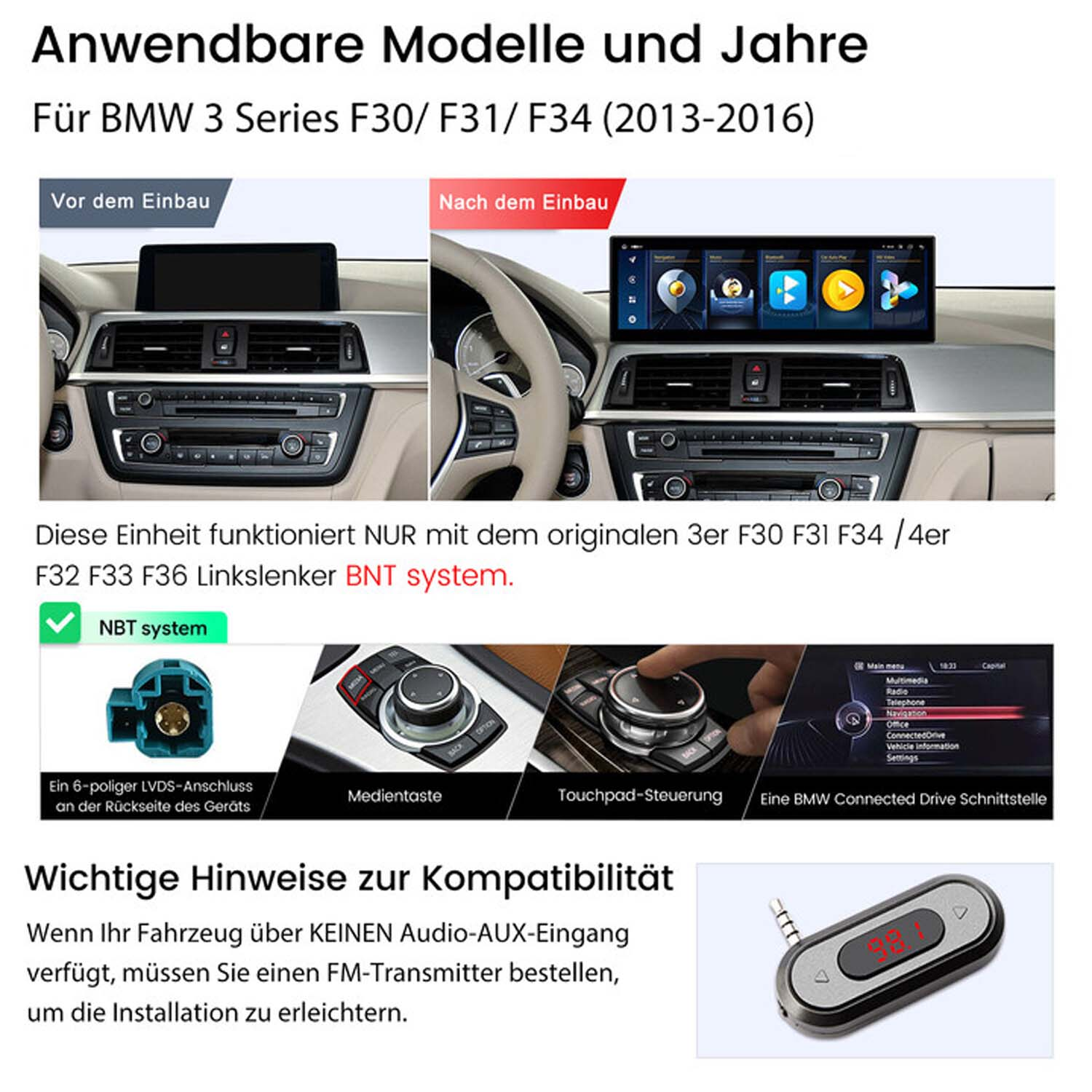 Diagram: deska rozdzielcza samochodu BMW przed i po instalacji nowego ekranu, ze schematami połączeń.