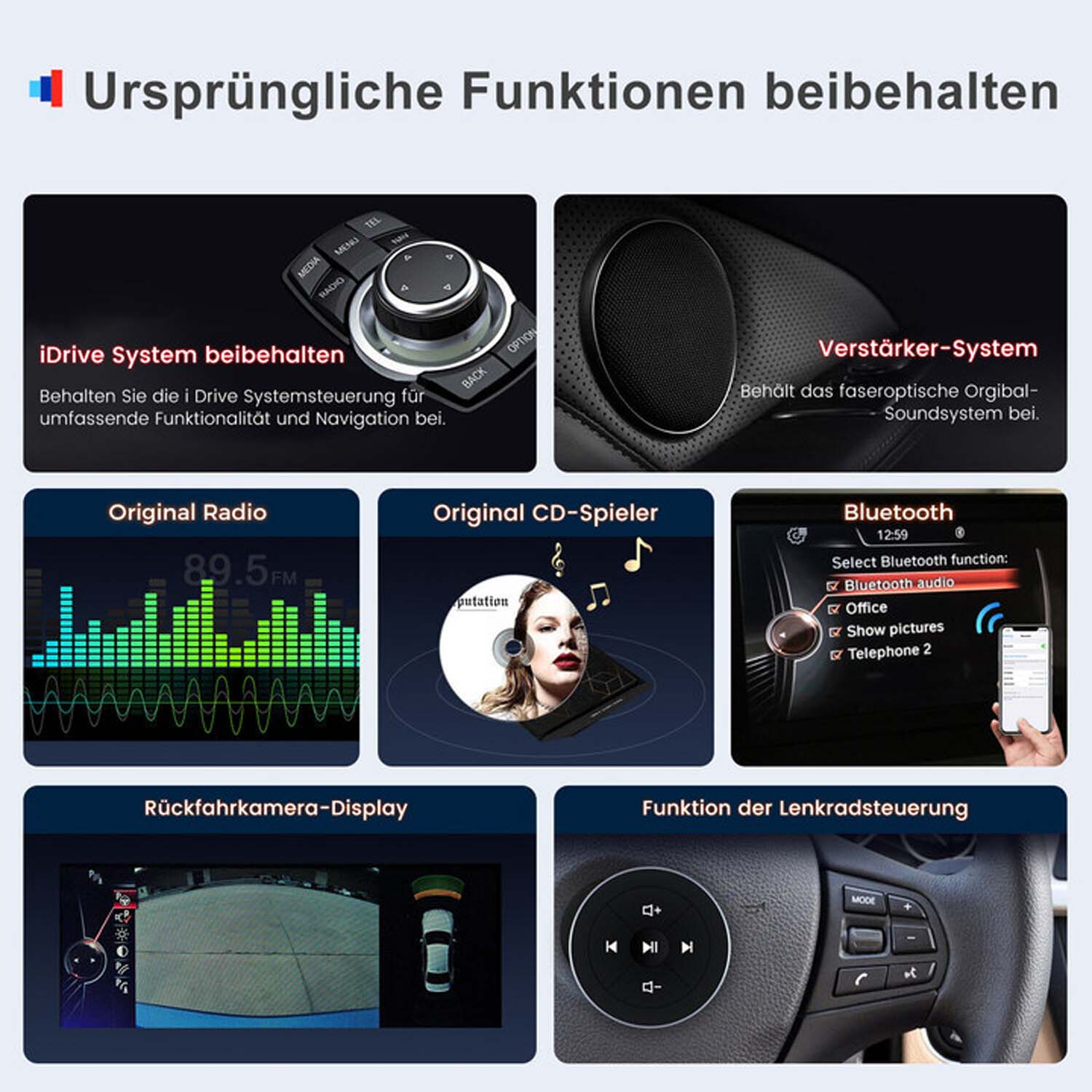 Panel samochodu z iDrive, radiem, odtwarzaczem CD, Bluetooth, kamerą cofania i sterowaniem kierownicą.