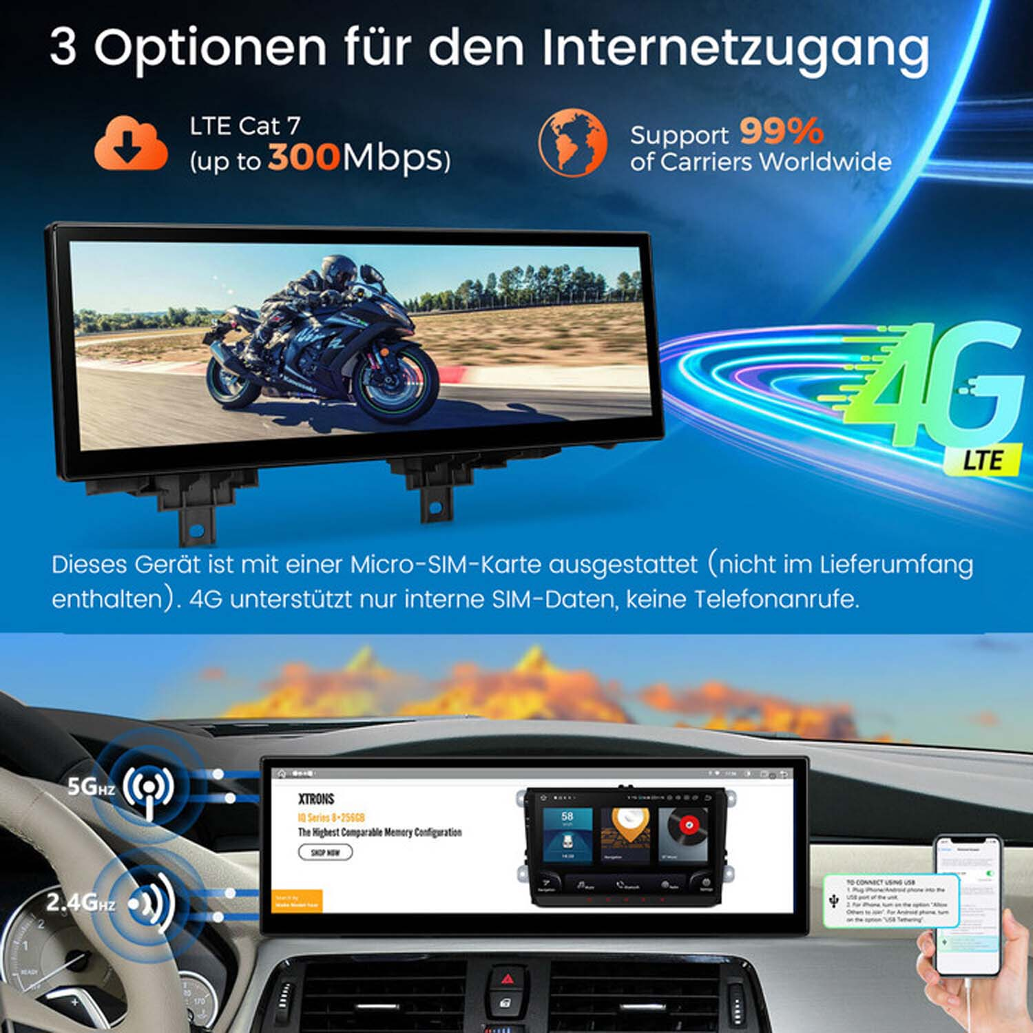 Deska rozdzielcza samochodu z ekranem wyświetlającym samochód z motocyklem i dwoma telefonami. Tekst o 4G LTE.