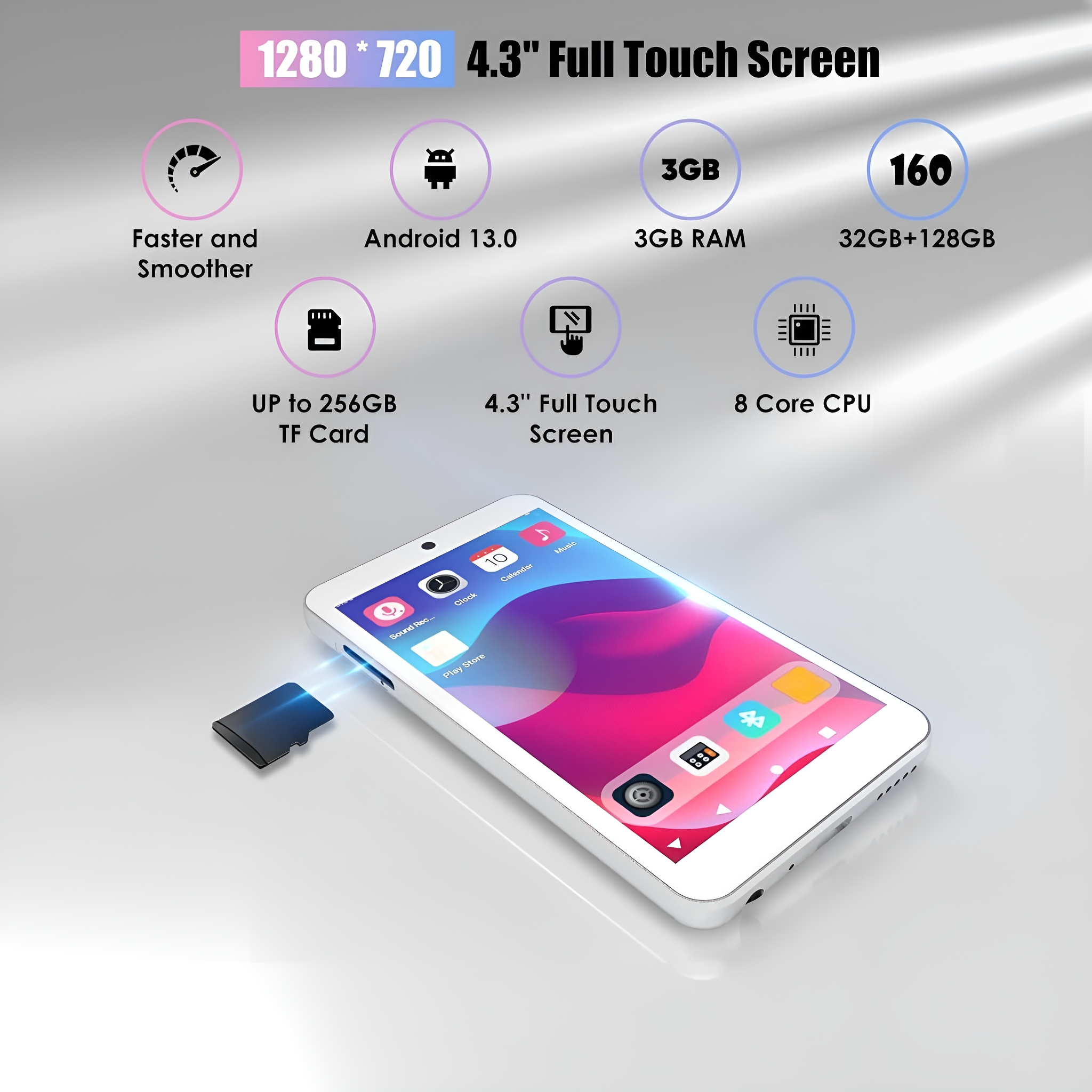 Ein weißes Tablet mit Touchscreen, umgeben von Grafiken und Text über Funktionen.