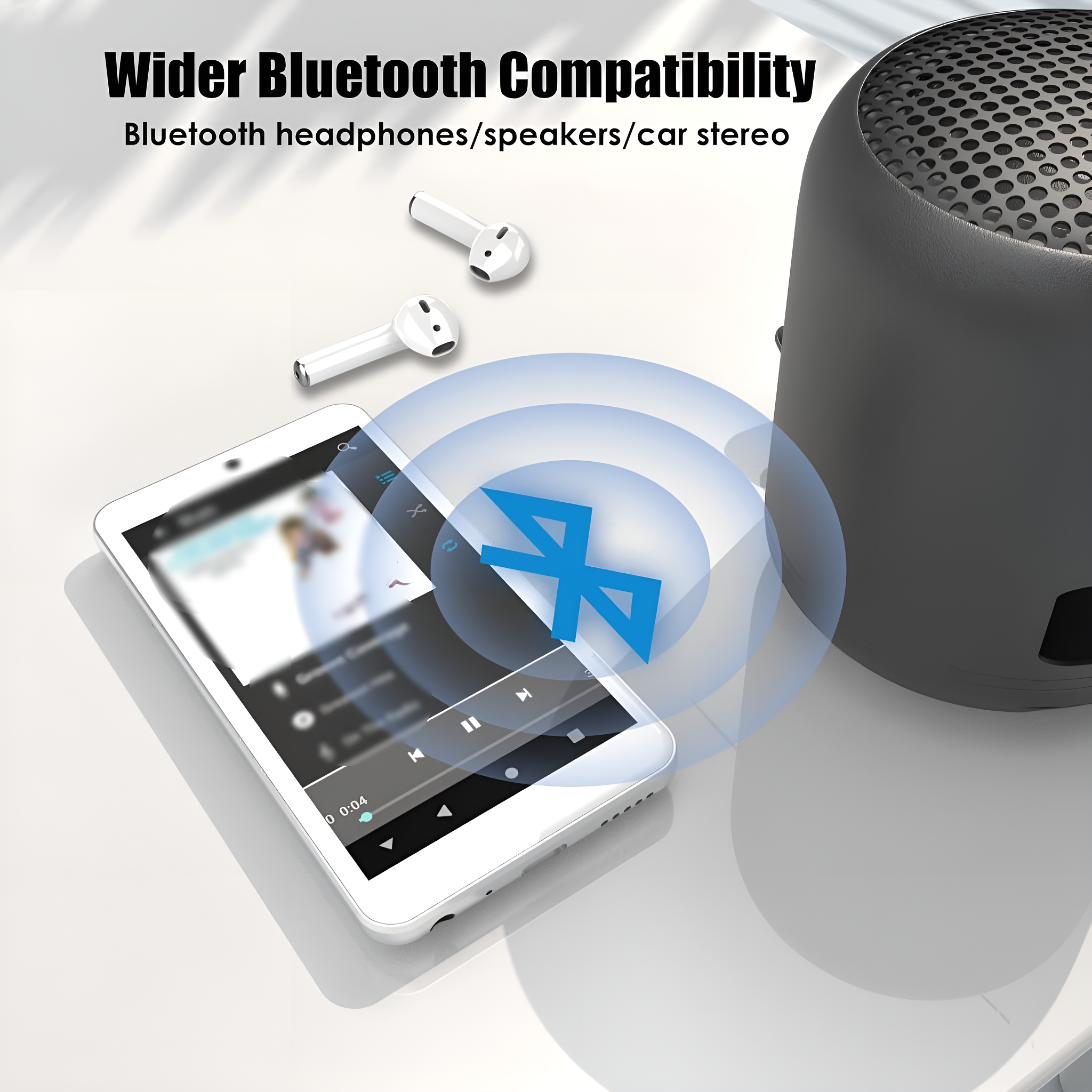Ein Tablet, Kopfhörer und ein Lautsprecher mit Bluetooth-Symbol, was auf eine breitere Bluetooth-Kompatibilität hindeutet.