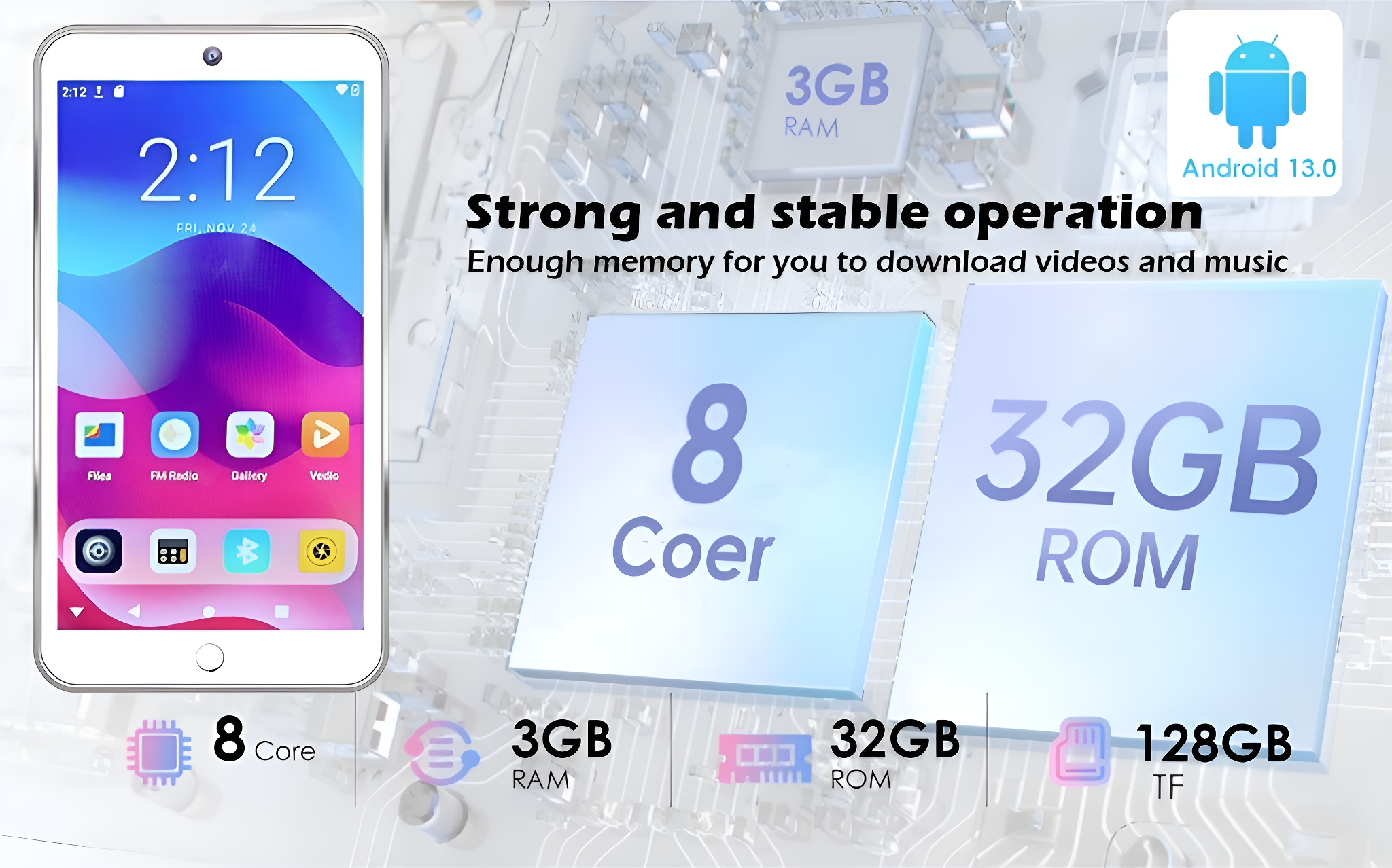 Smartphone mit Uhrzeit, Apps und Spezifikationen: 3 GB RAM, 32 GB ROM, 8 Kerne und Android 13.0.