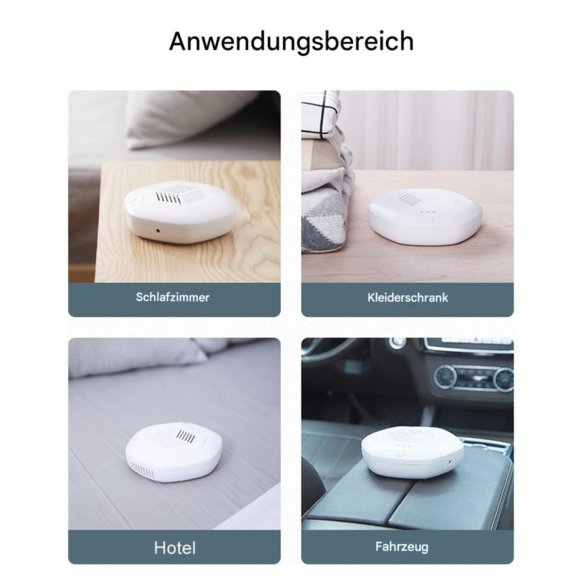 Vier Bilder zeigen, wo ein weißes Gerät verwendet werden kann: Schlafzimmer, Schrank, Hotel, Fahrzeug.