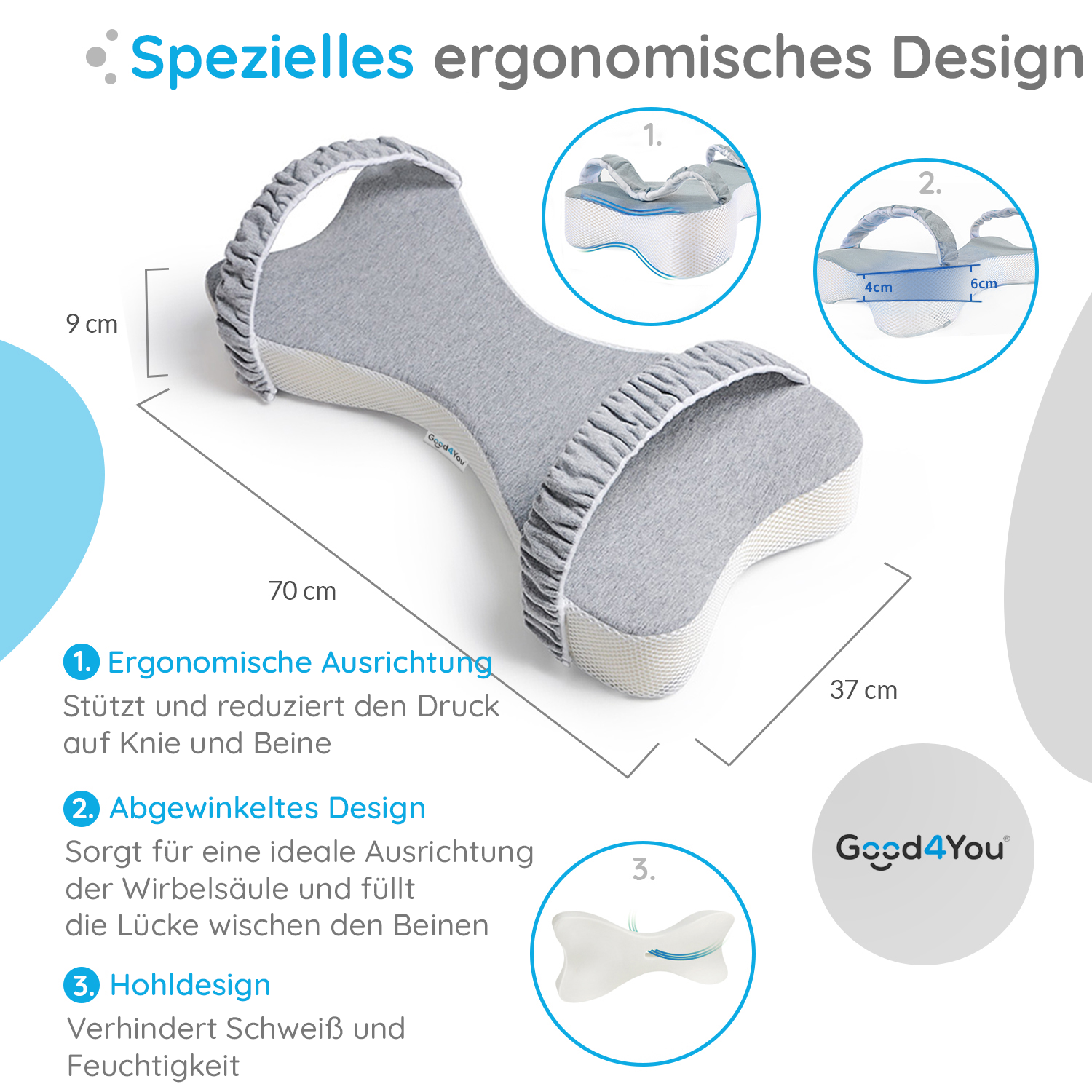 Ein graues kissenartiges Objekt mit Maßen und Beschriftungen. Text enthält 'ergonomisches Design' und Abmessungen.